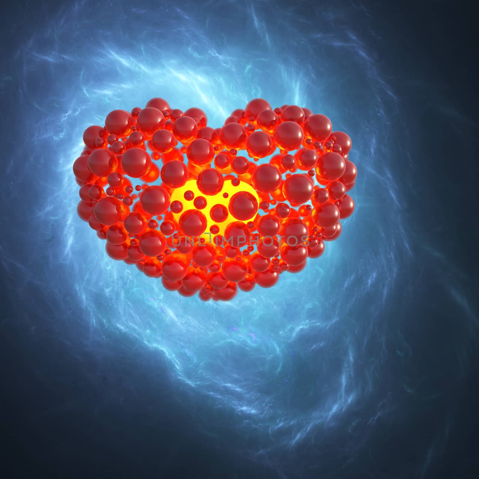 Red heart made of spheres with reflections isolated on blue galaxy space background. Happy valentines day 3d illustration by skrotov