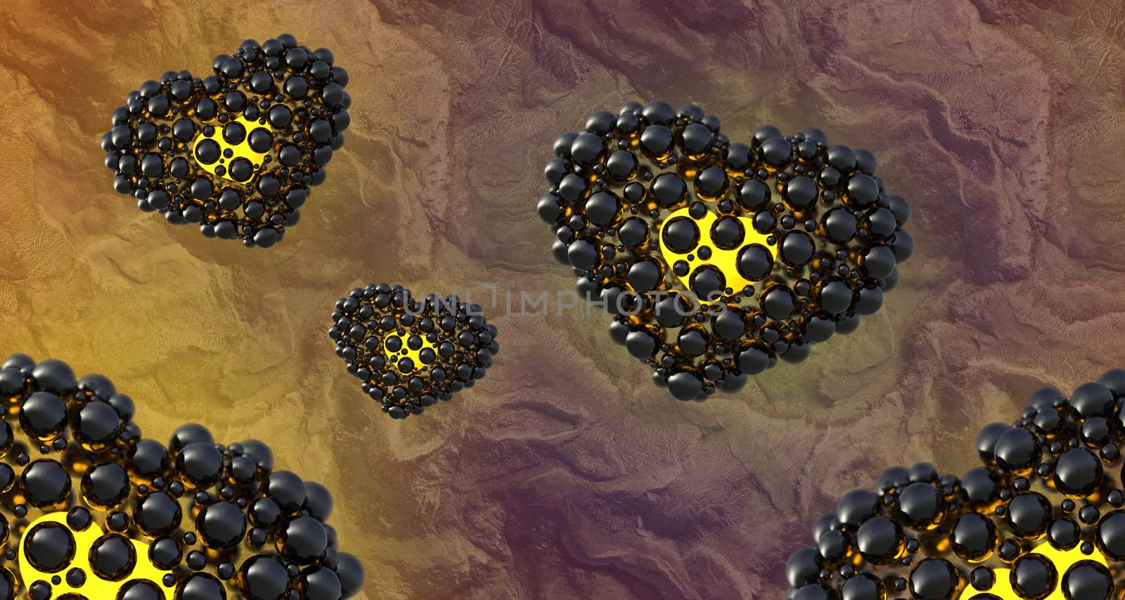 black hearts made of spheres with reflections and flying over mountain bacground. Happy valentines day 3d illustration.