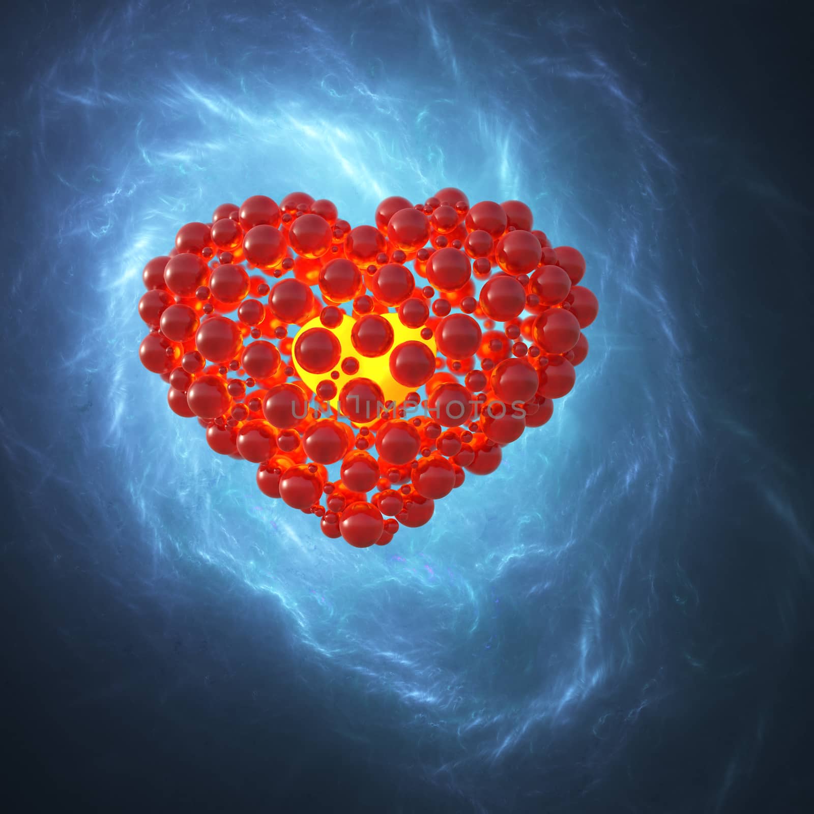 Red heart made of spheres with reflections isolated on blue galaxy space background. Happy valentines day 3d illustration by skrotov
