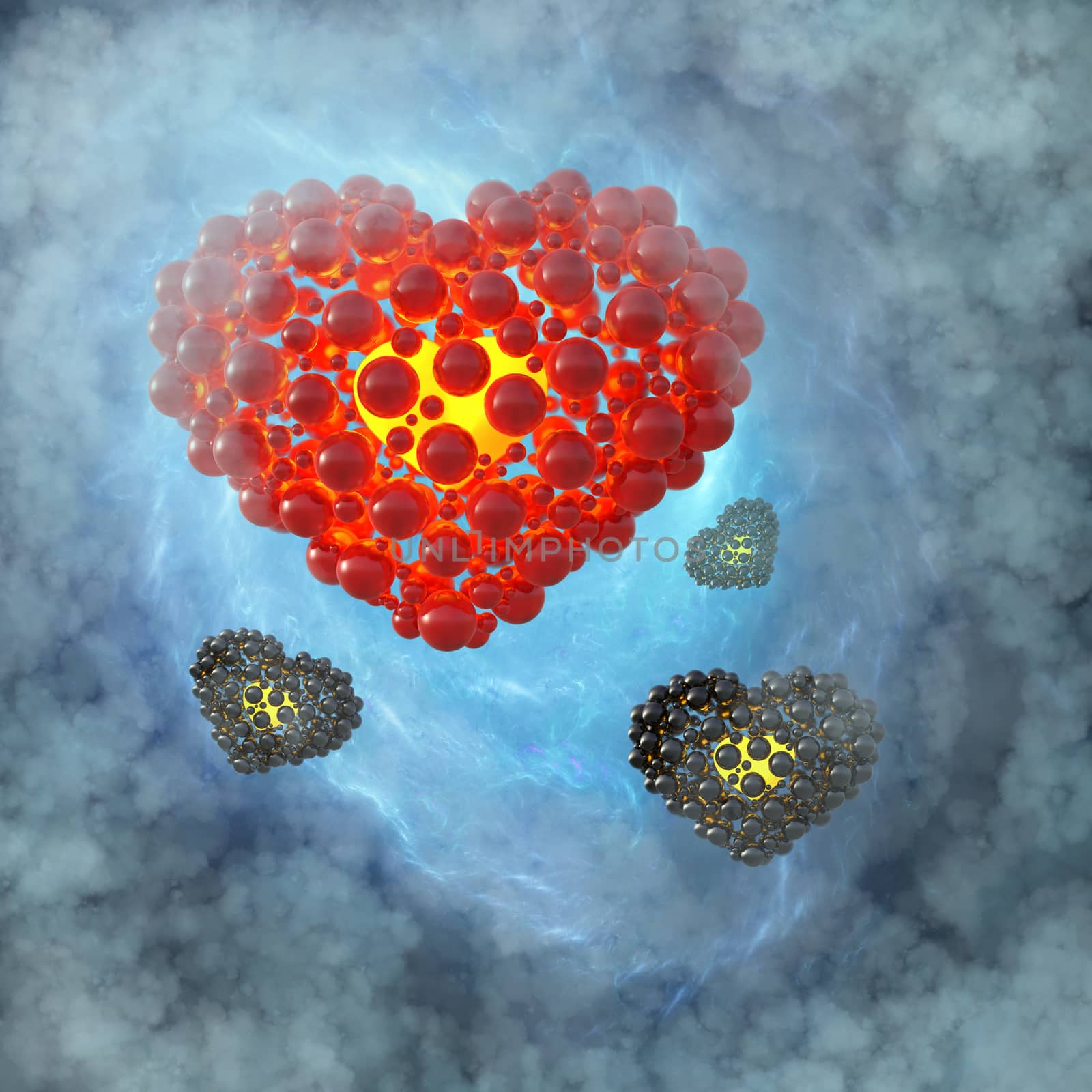 Red heart made of spheres with reflections isolated on blue galaxy space background. Happy valentines day 3d illustration.