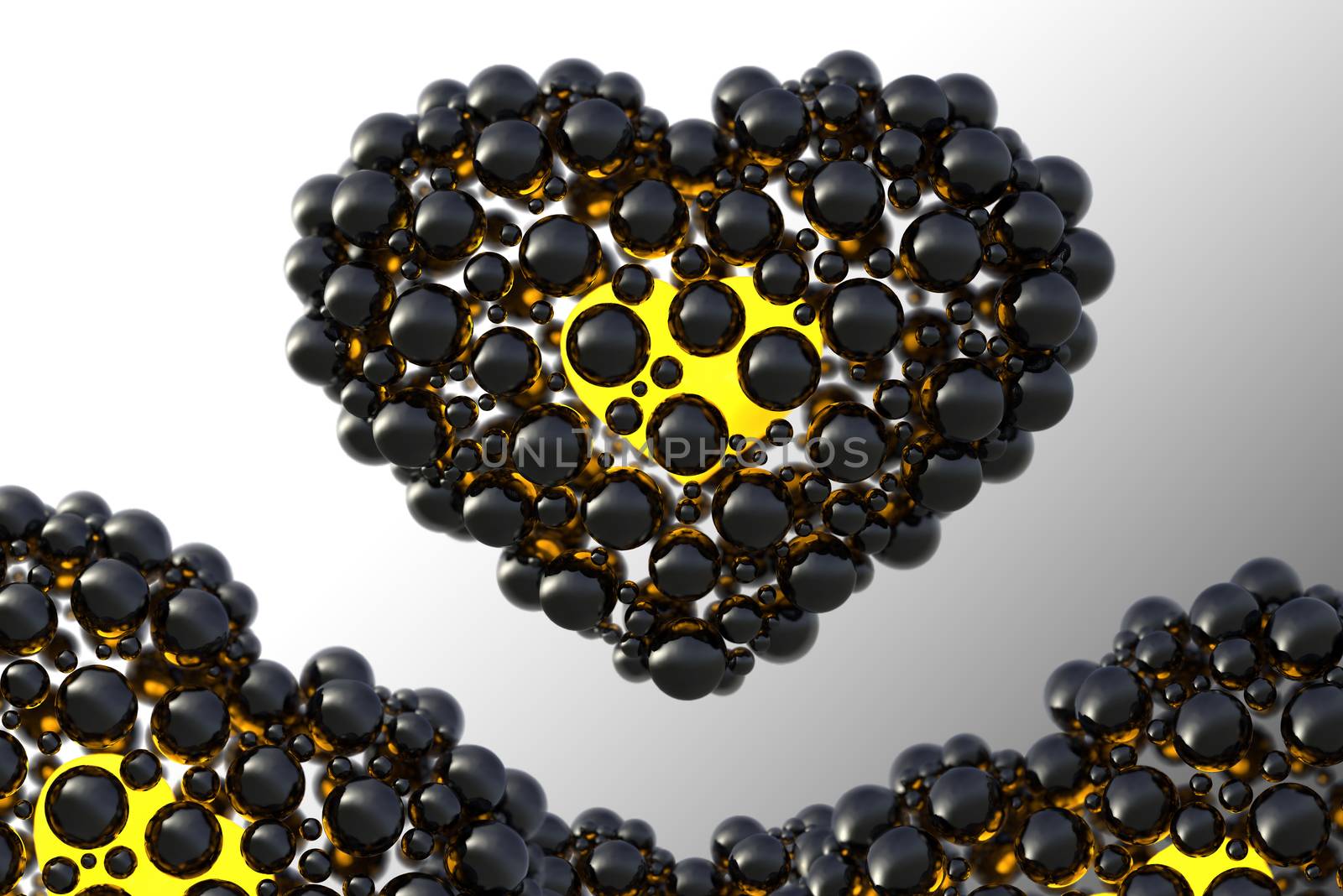 black heart made of spheres with reflections isolated on space background. Happy valentines day 3d illustration.