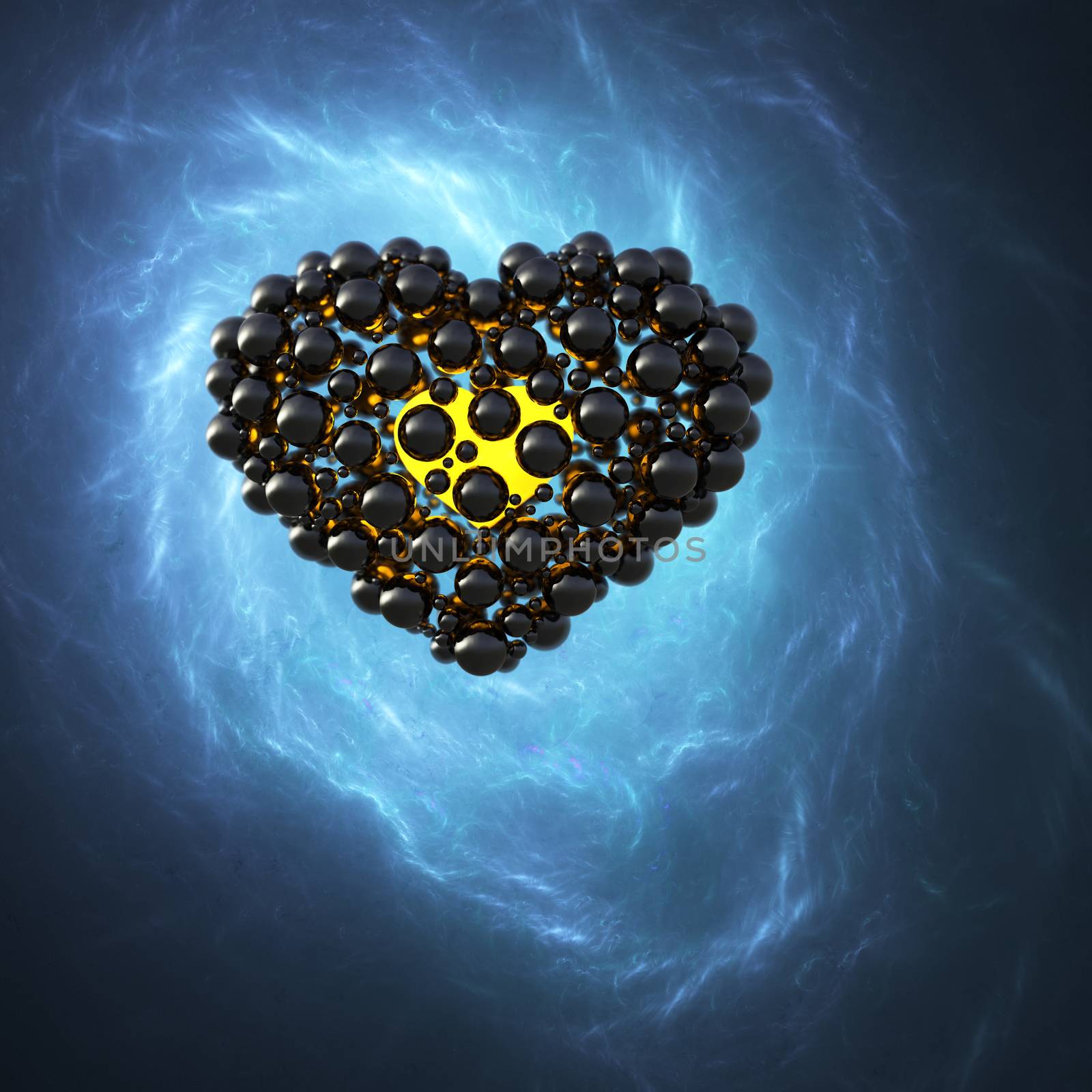 black caviar heart made of spheres with reflections isolated on blue galaxy space background. Happy valentines day 3d illustration by skrotov