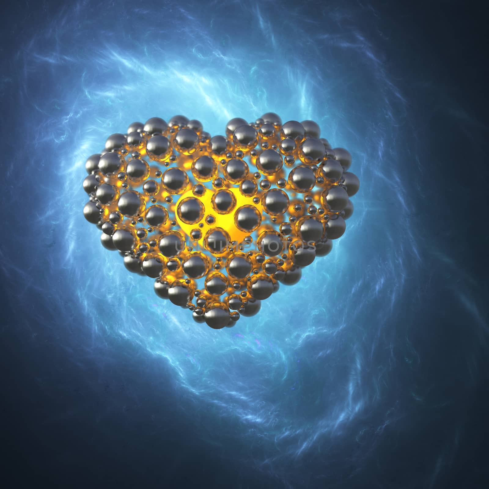 golden metal heart made of spheres with reflections isolated on blue galaxy space background. Happy valentines day 3d illustration.