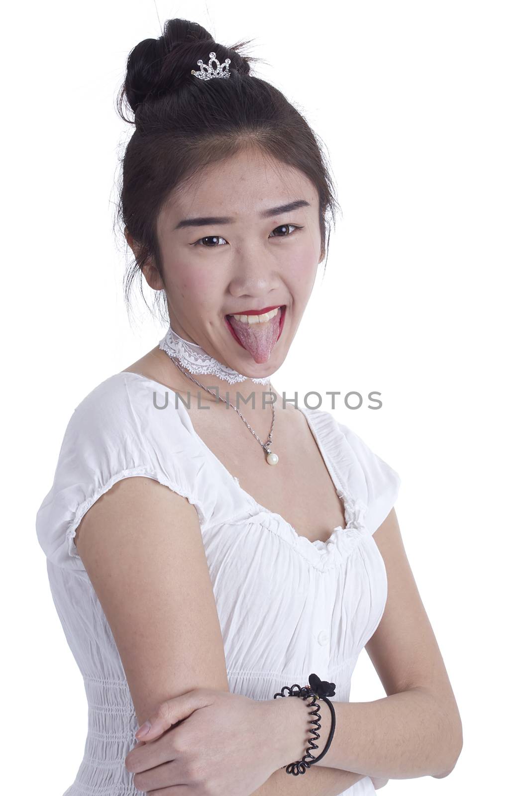 Asian girl close up portrait on a white background