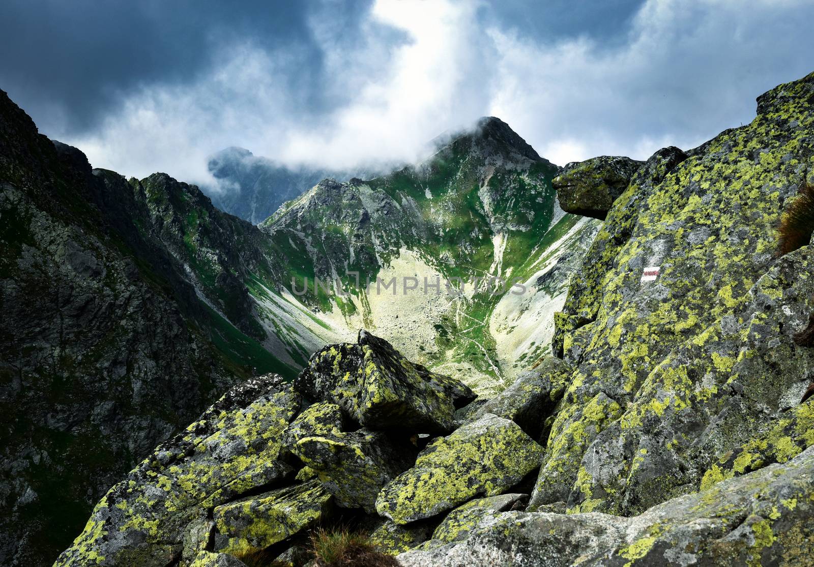 Landscape background Dark clouds over a mountain valley