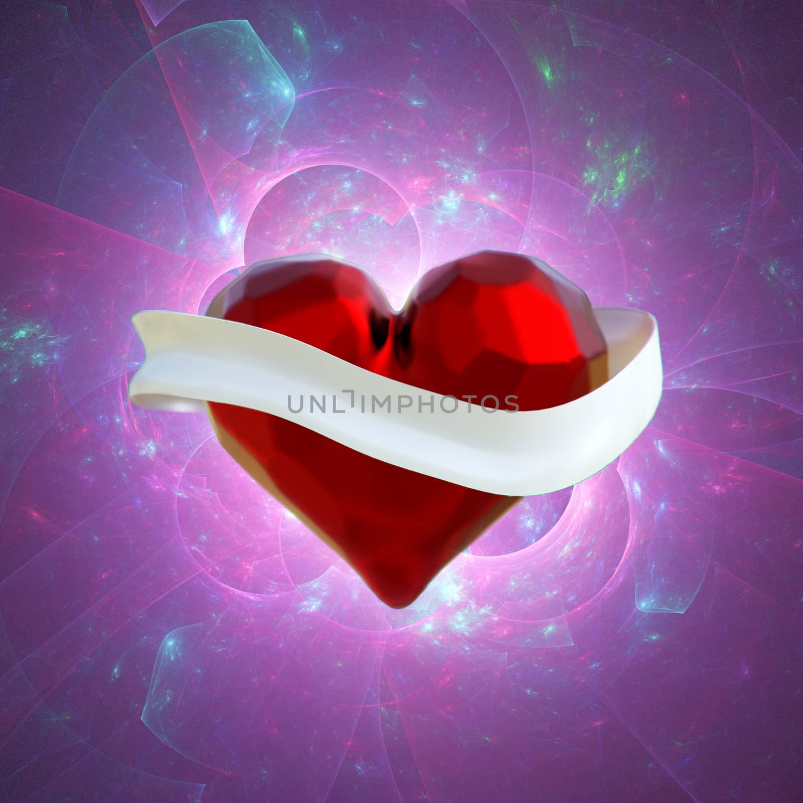 Flying red chopped heart with the white ribbon and the molecular spheres around. Copyspace for text Valentines day 3d illustration by skrotov