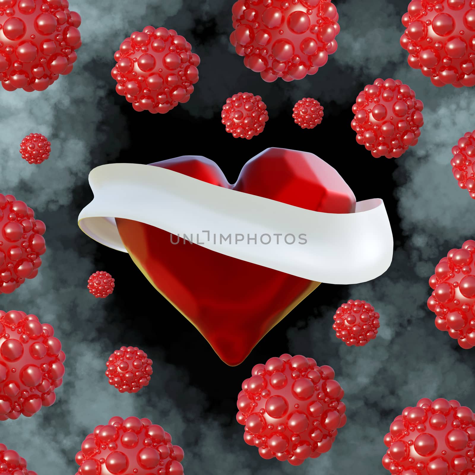Flying red chopped heart with the white ribbon and the molecular spheres around. Copyspace for text Valentines day 3d illustration.