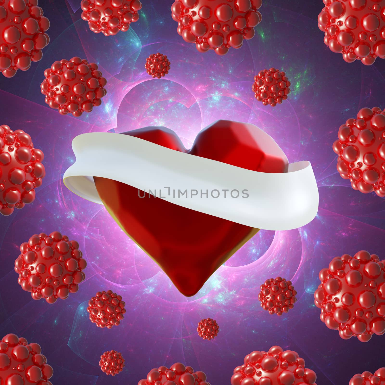 Flying red chopped heart with the white ribbon and the molecular spheres around. Copyspace for text Valentines day 3d illustration by skrotov
