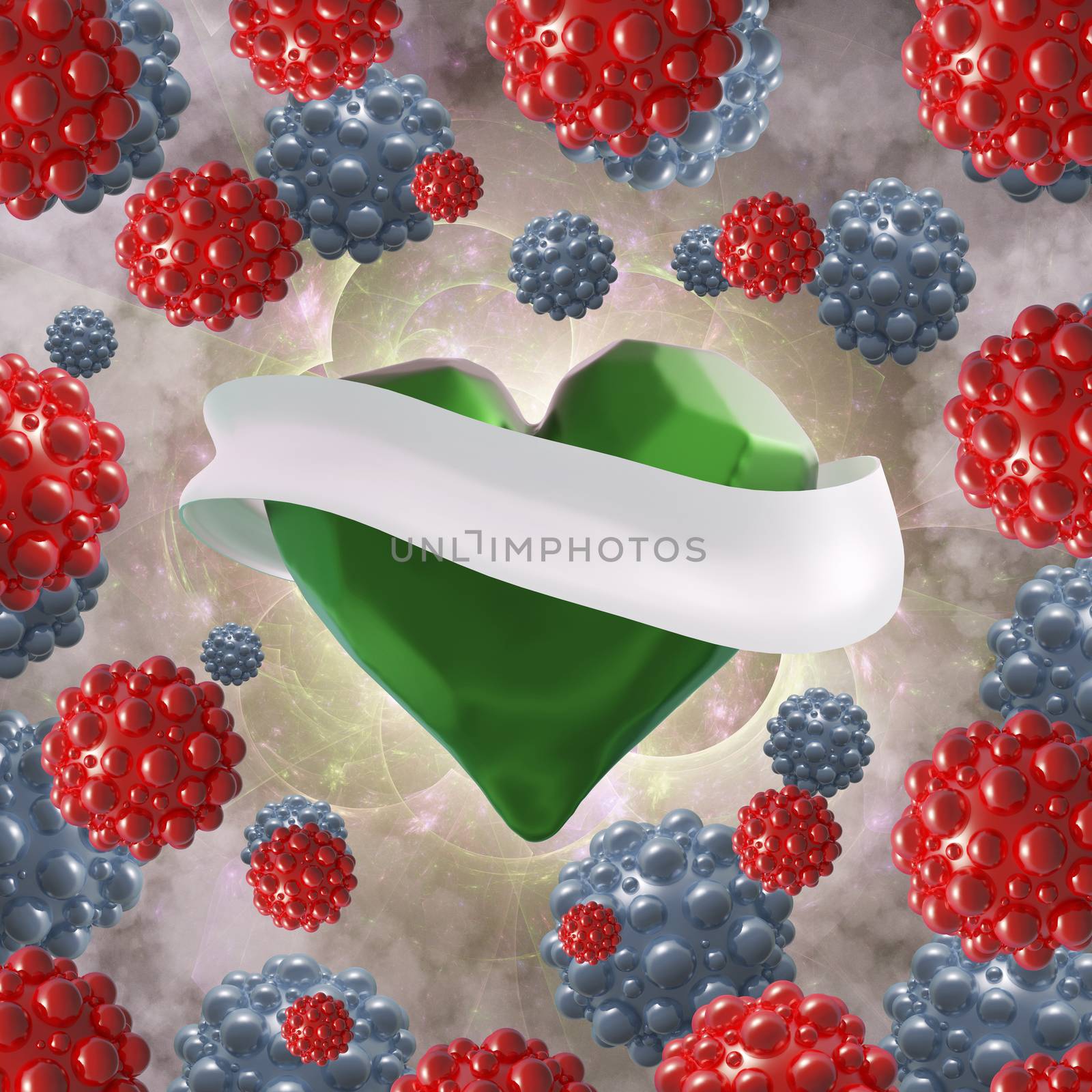 Flying green chopped heart with the white ribbon and the molecular spheres around. Copyspace for text Valentines day 3d illustration
