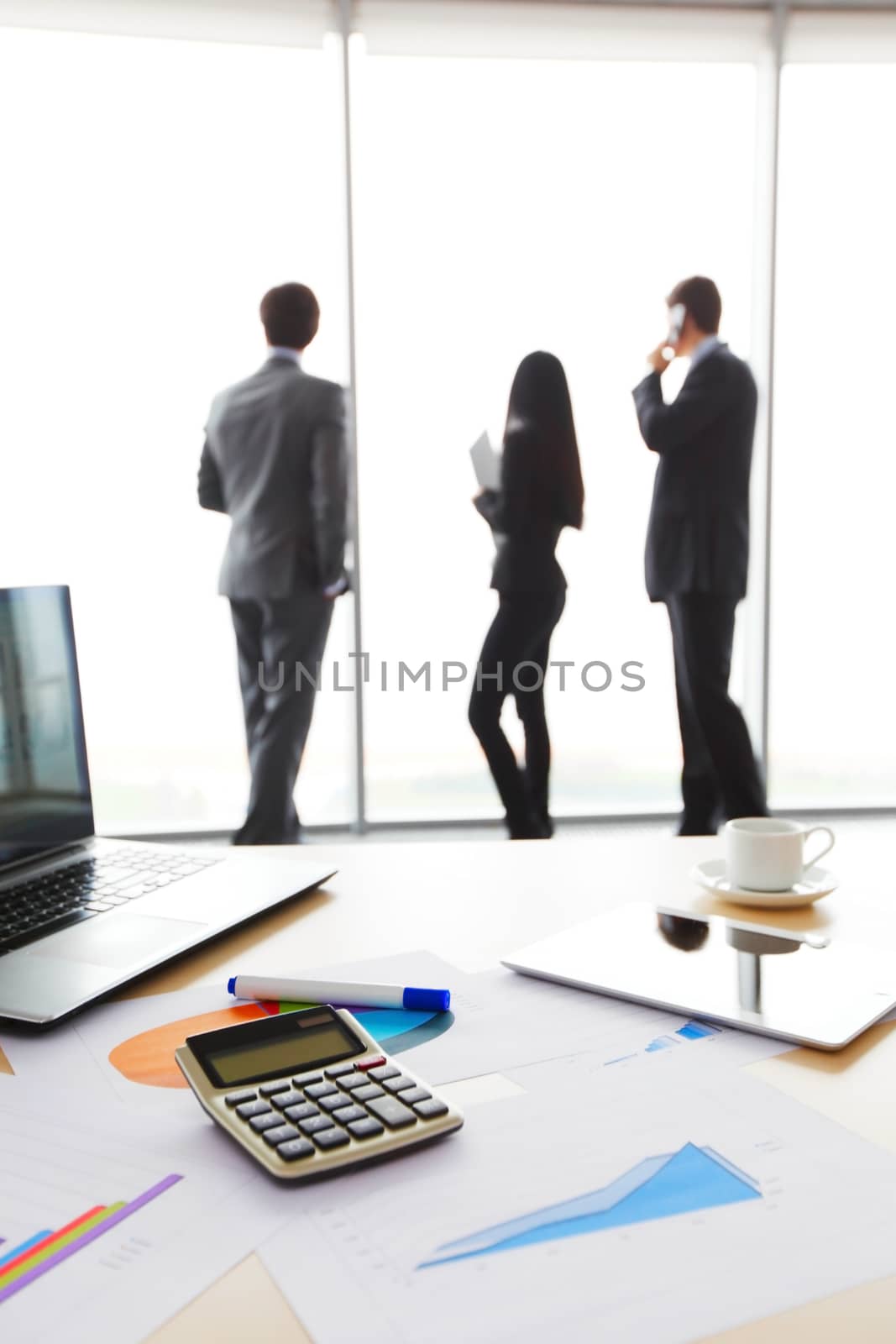 Businessmen and financial documents with research at modern office