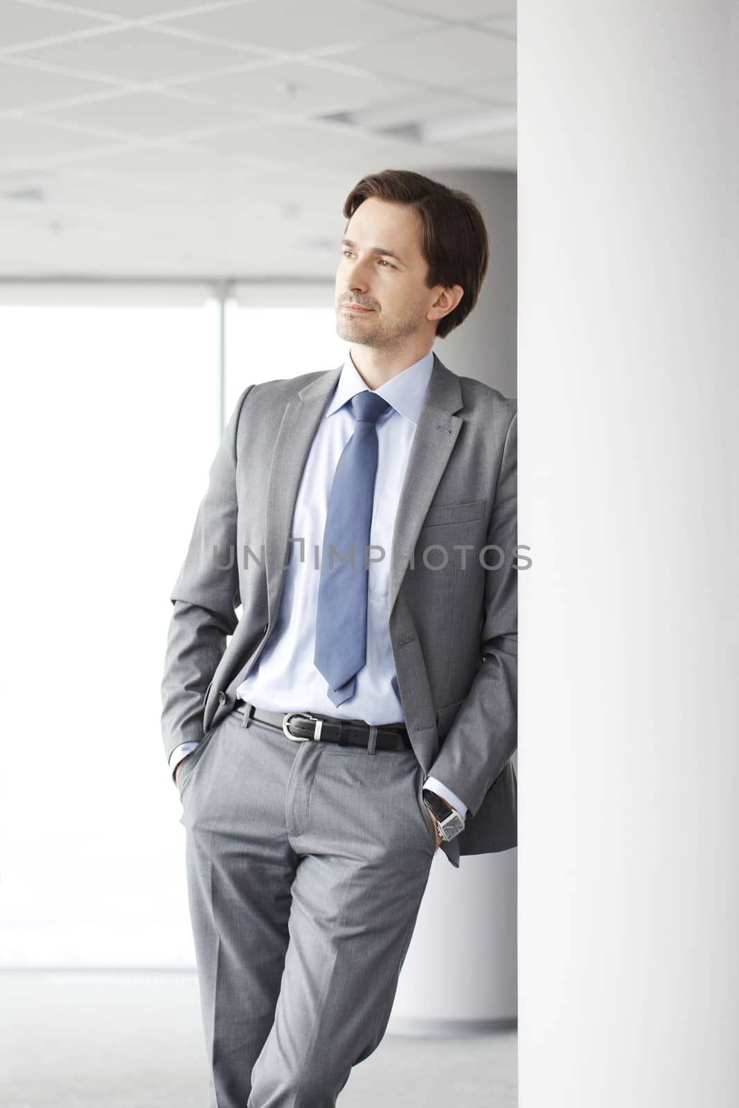 Portrait of handsome businessman standing near windows in office