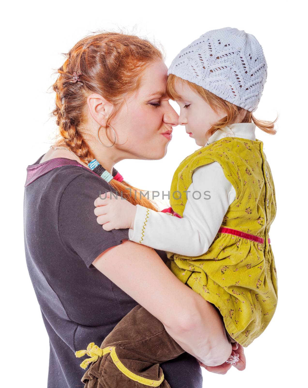 Mother with daughter sharing secrets isolated on white