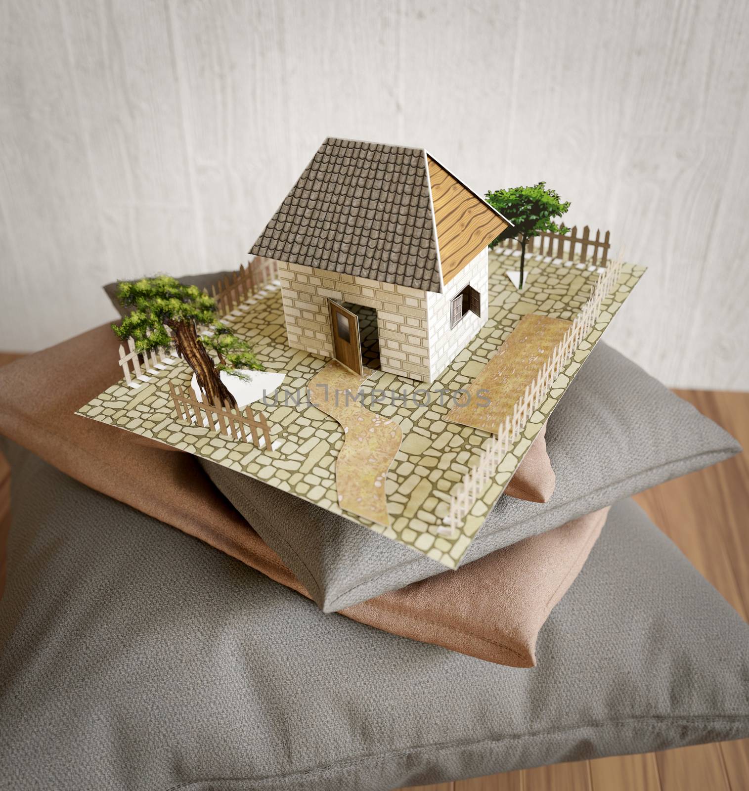 pillows collection and toy house from paper concept composition