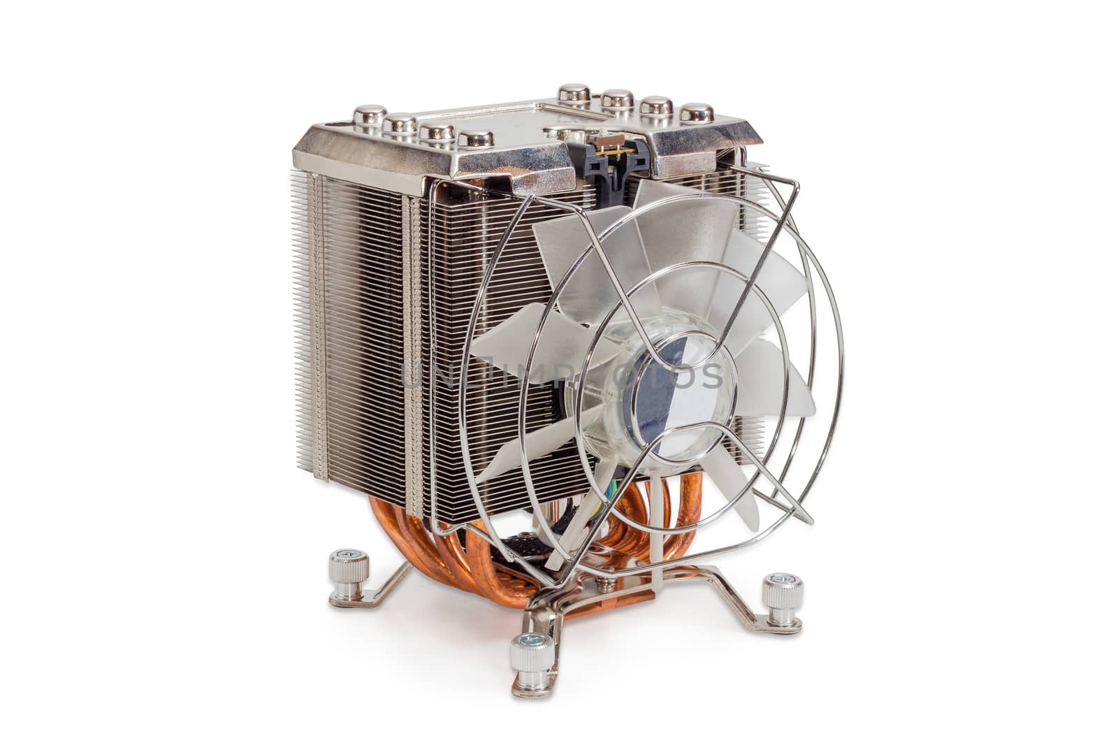 Active CPU cooler with large finned heatsink, fan, copper heat pipes and thermal pad on a light background
