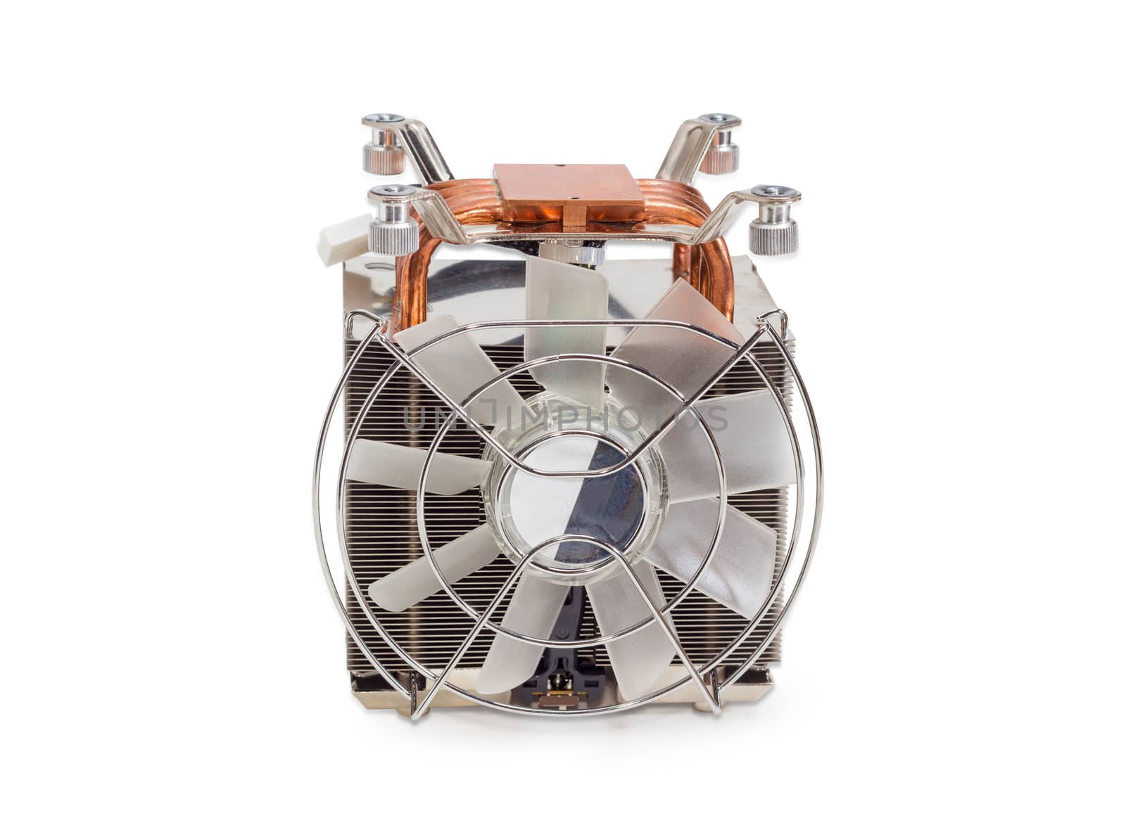 Front view of the active CPU cooler with large finned heatsink, fan, copper thermal pad with a heat pipes on a light background
