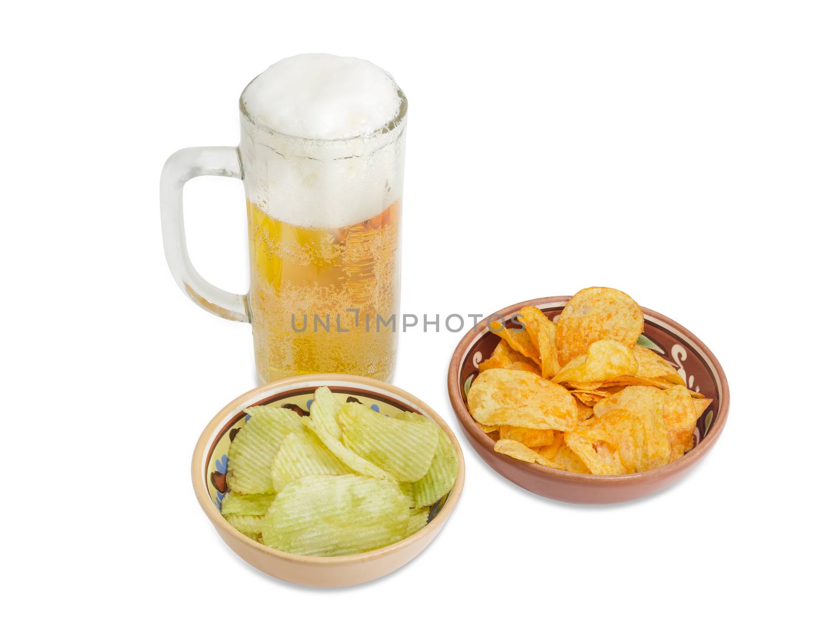 Beer glassware with lager beer, potato chip flavored paprika and wasabi in two different ceramic bowls on a light background
