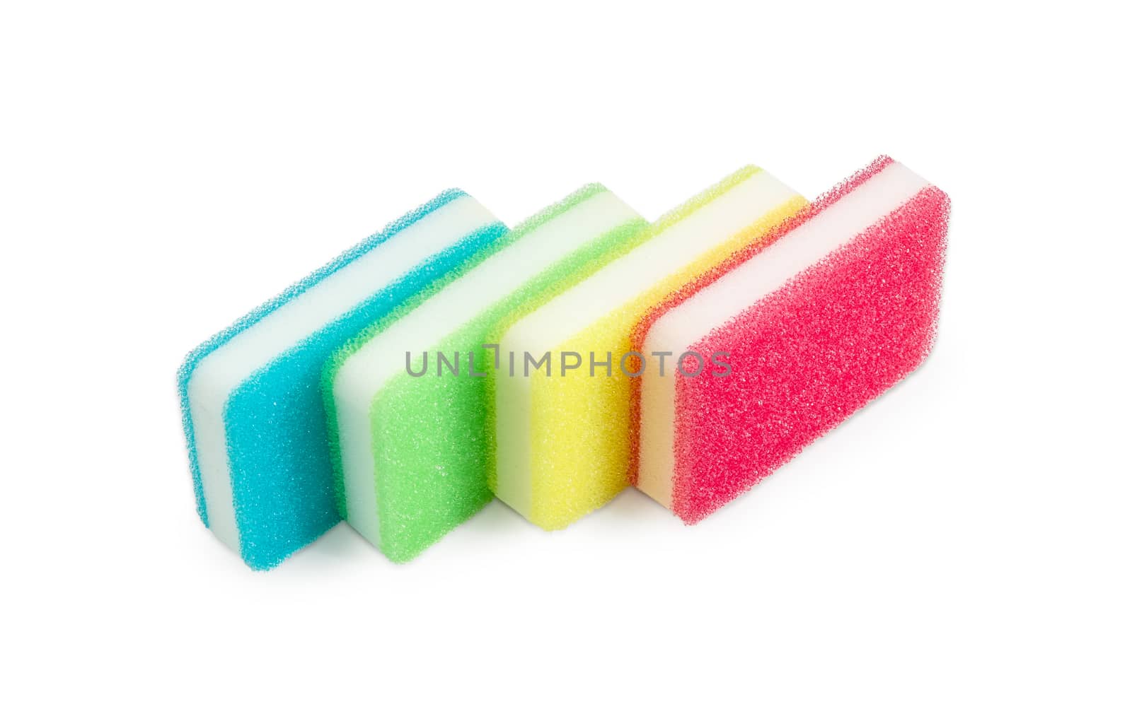 Synthetic cleaning sponges different colors on a light backgroun by anmbph