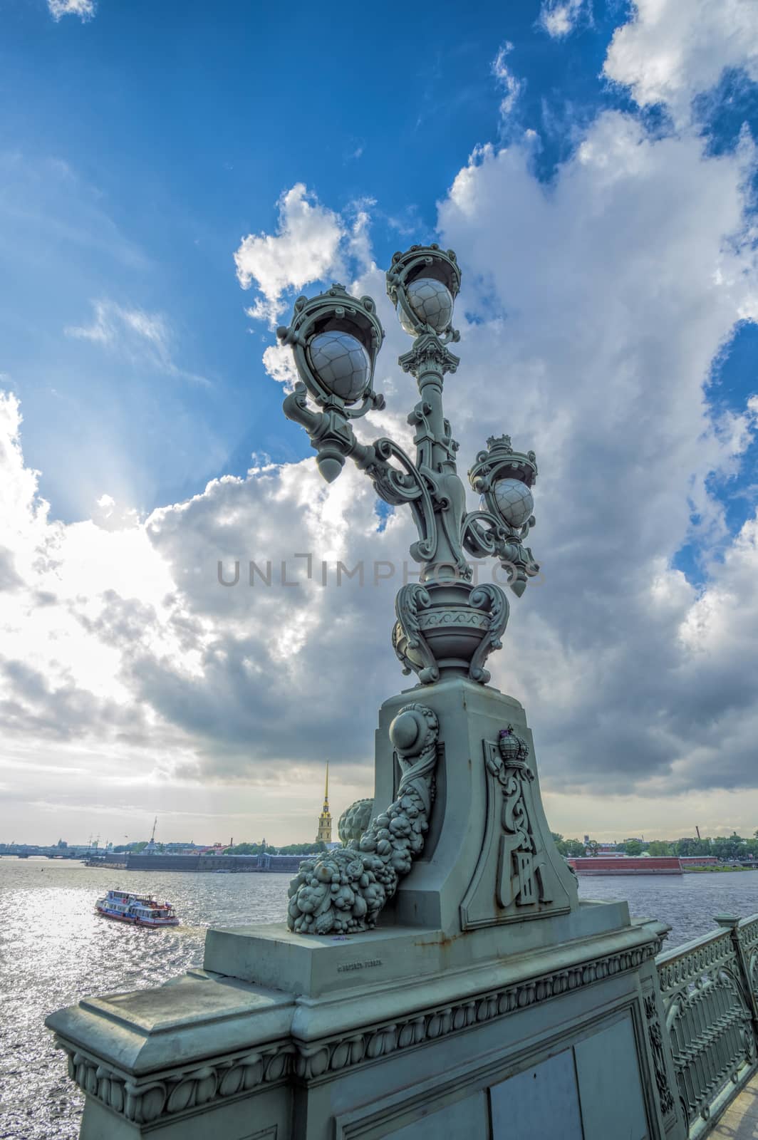 beautiful lamp on Trinity Bridge in St. Petersburg on the Neva