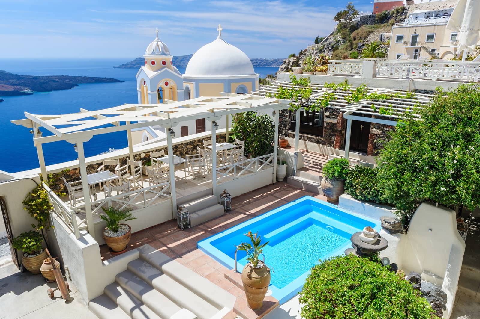 Typical lxury decks and patios in Fira, empty before the high season, Santorini, Greece