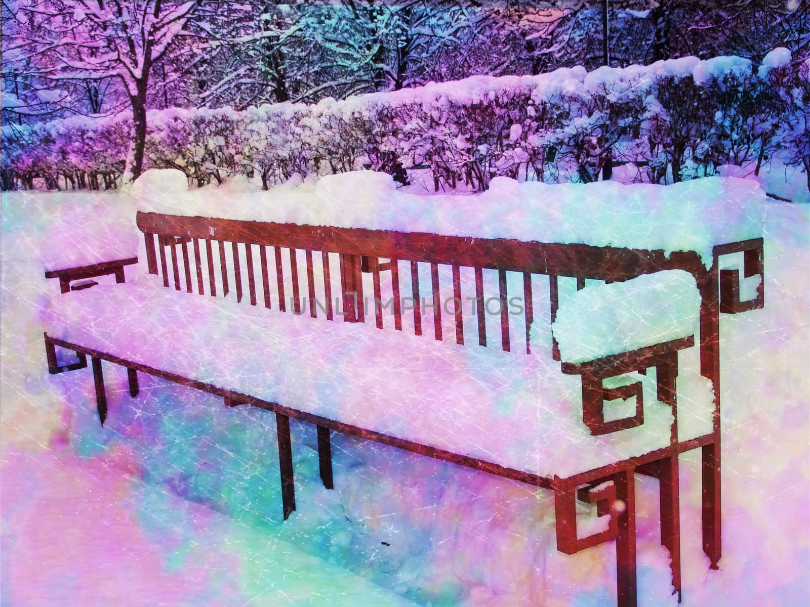 Park Bench Covered With Fresh White Snow by elena_vz