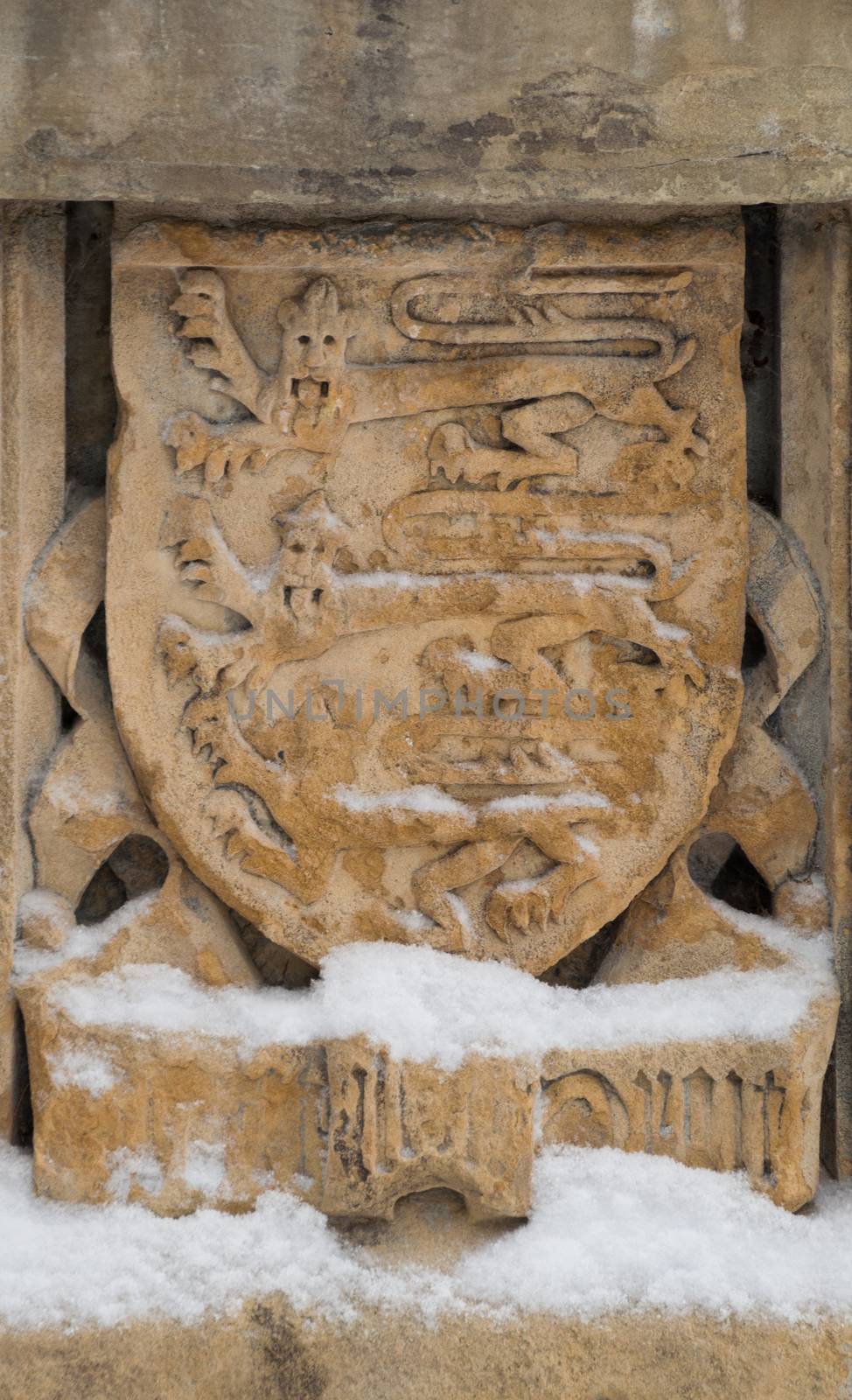 Coat of arms in the folly at the MacKenzie King estate, Gatineau Park. Snowing