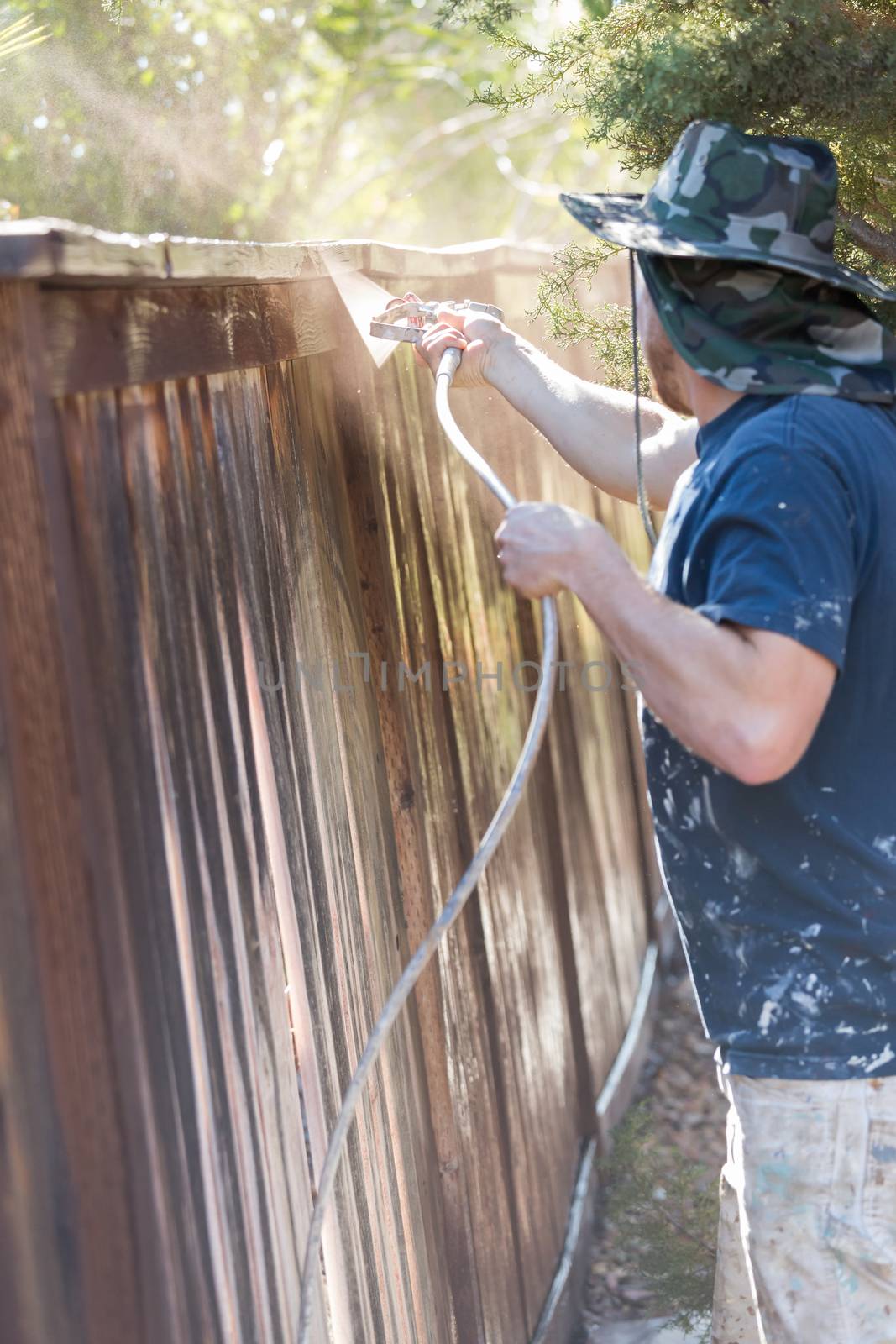 Professional Painter Spraying Yard Fence with Stain by Feverpitched