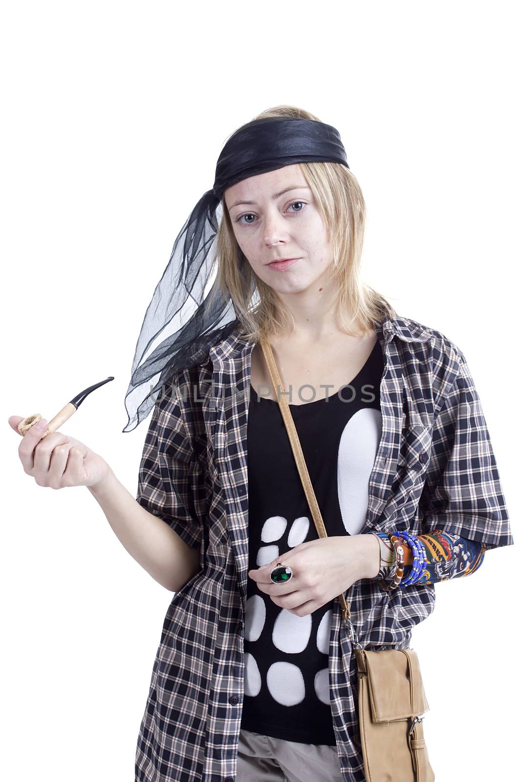 Young woman in the image of a pirate on a white background