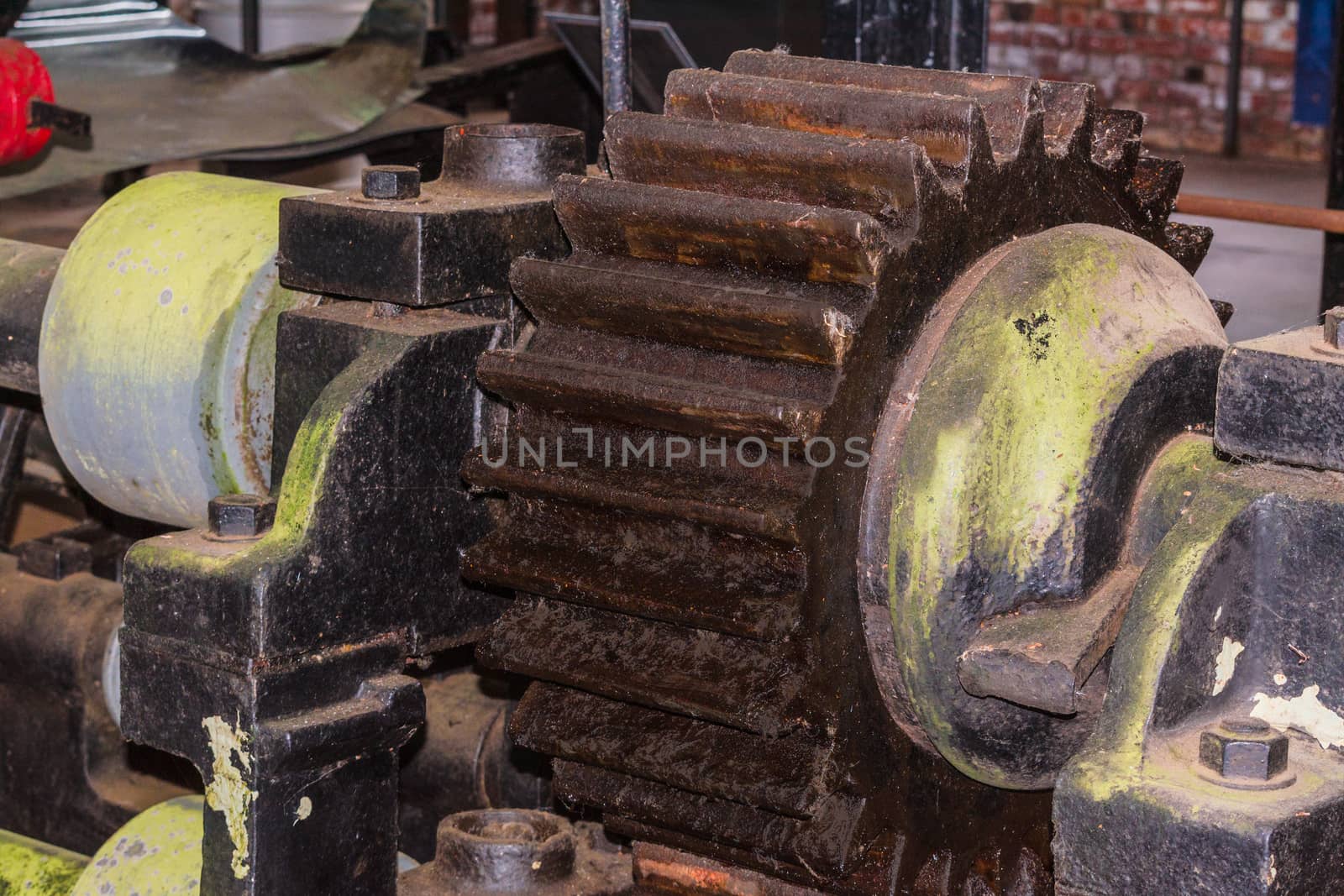 Closeup of a gear wheel of an ancient antique machine.