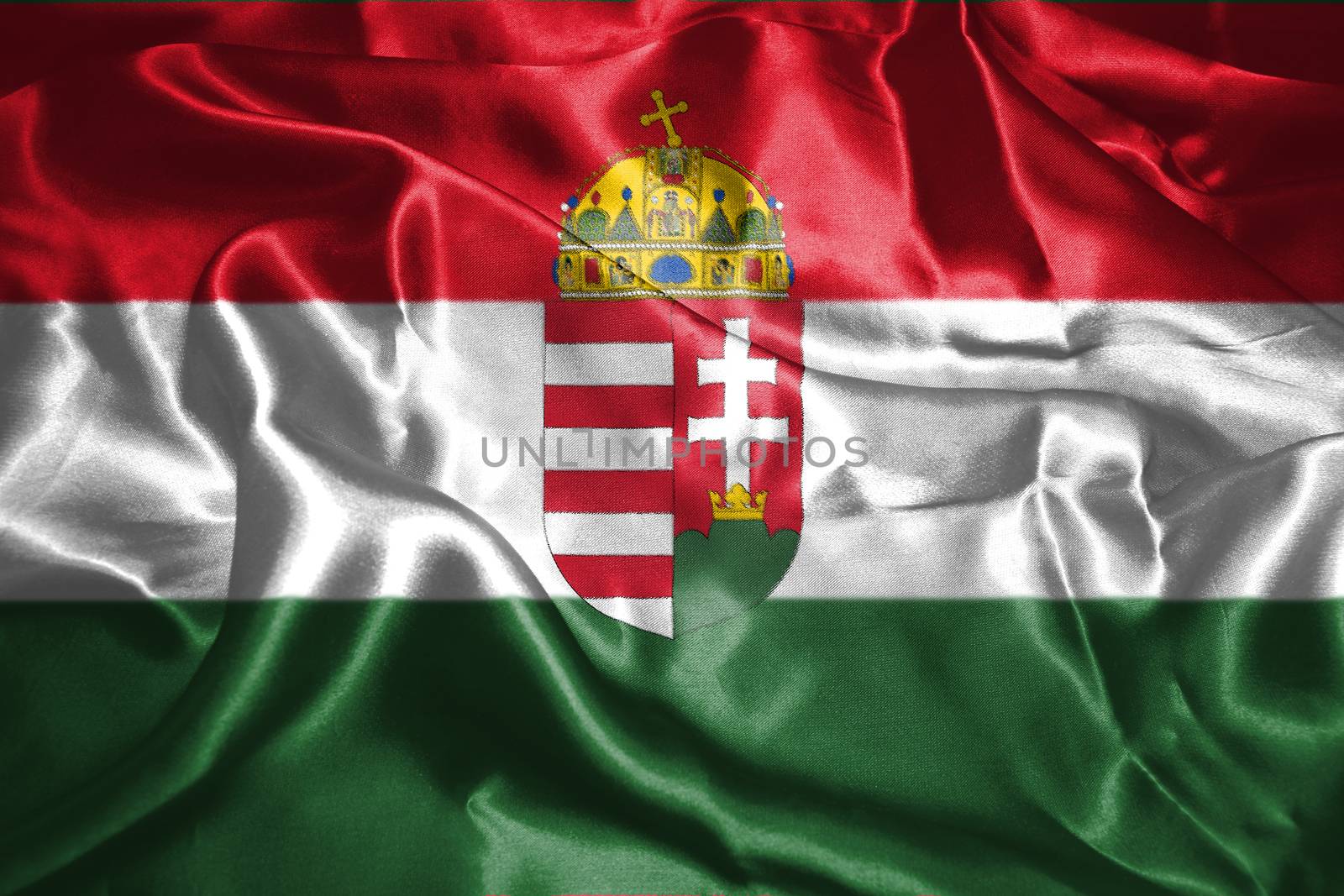 Hungarian National Flag With Coat Of Arms Waving In The Wind Grunge Looking 3D illustration 
