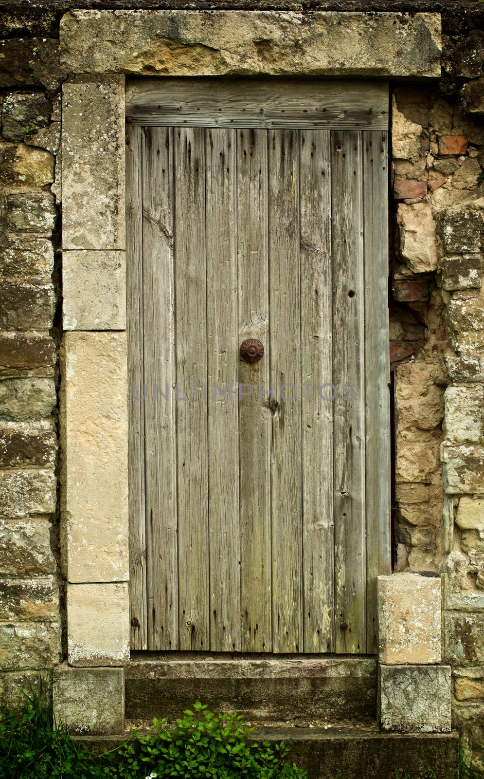 Old Wooden Door in Obsolete Stone Wall closeup Outdoors