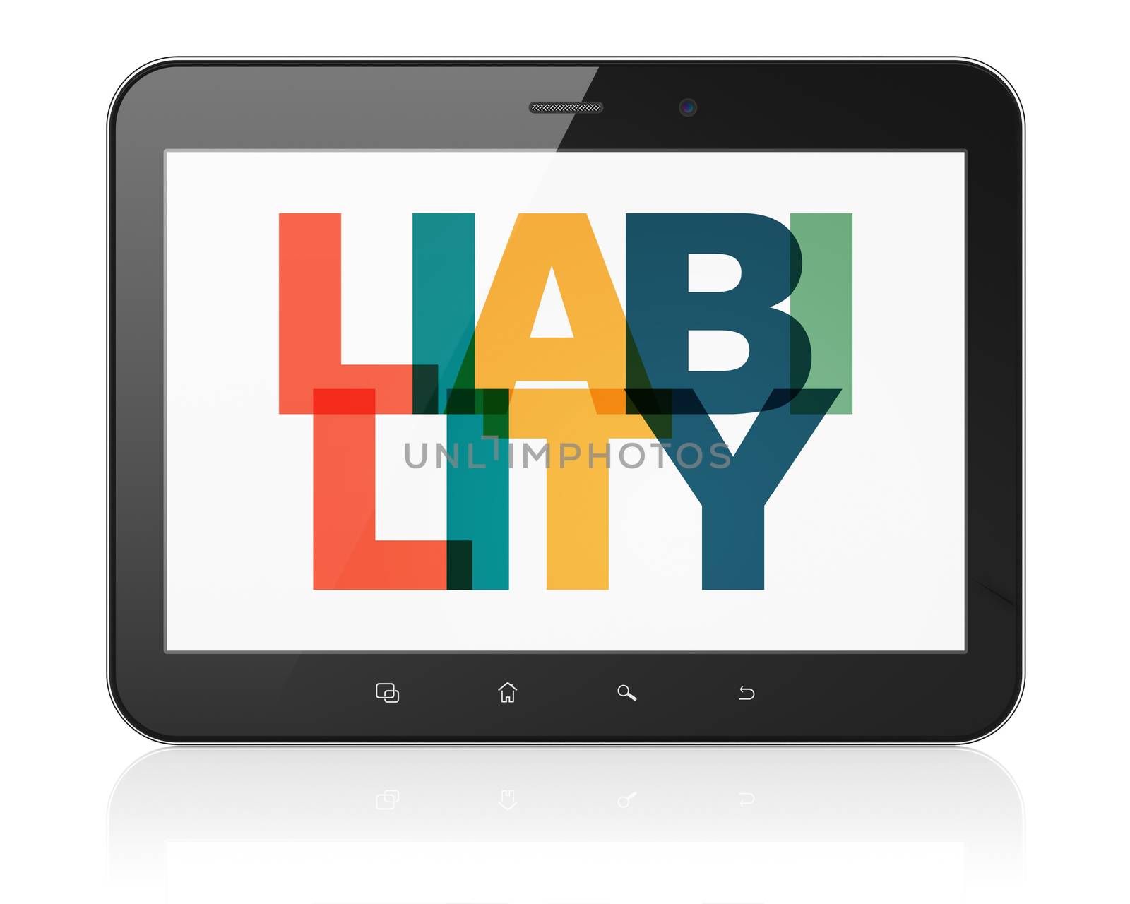 Insurance concept: Tablet Computer with Painted multicolor text Liability on display, 3D rendering