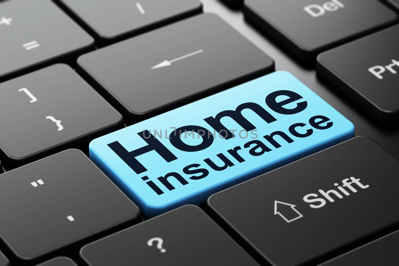 Insurance concept: computer keyboard with word Home Insurance, selected focus on enter button background, 3D rendering