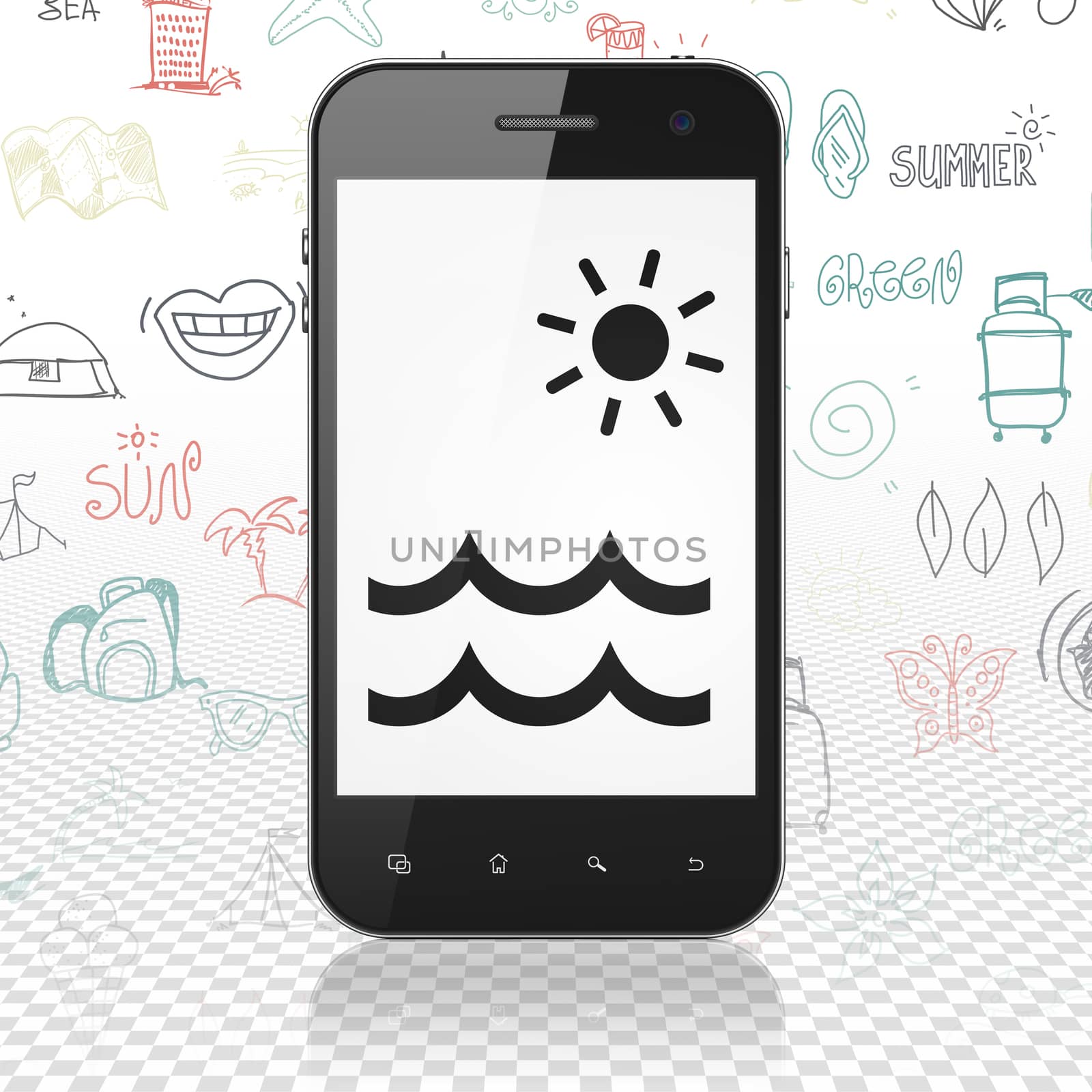 Vacation concept: Smartphone with  black Beach icon on display,  Hand Drawn Vacation Icons background, 3D rendering