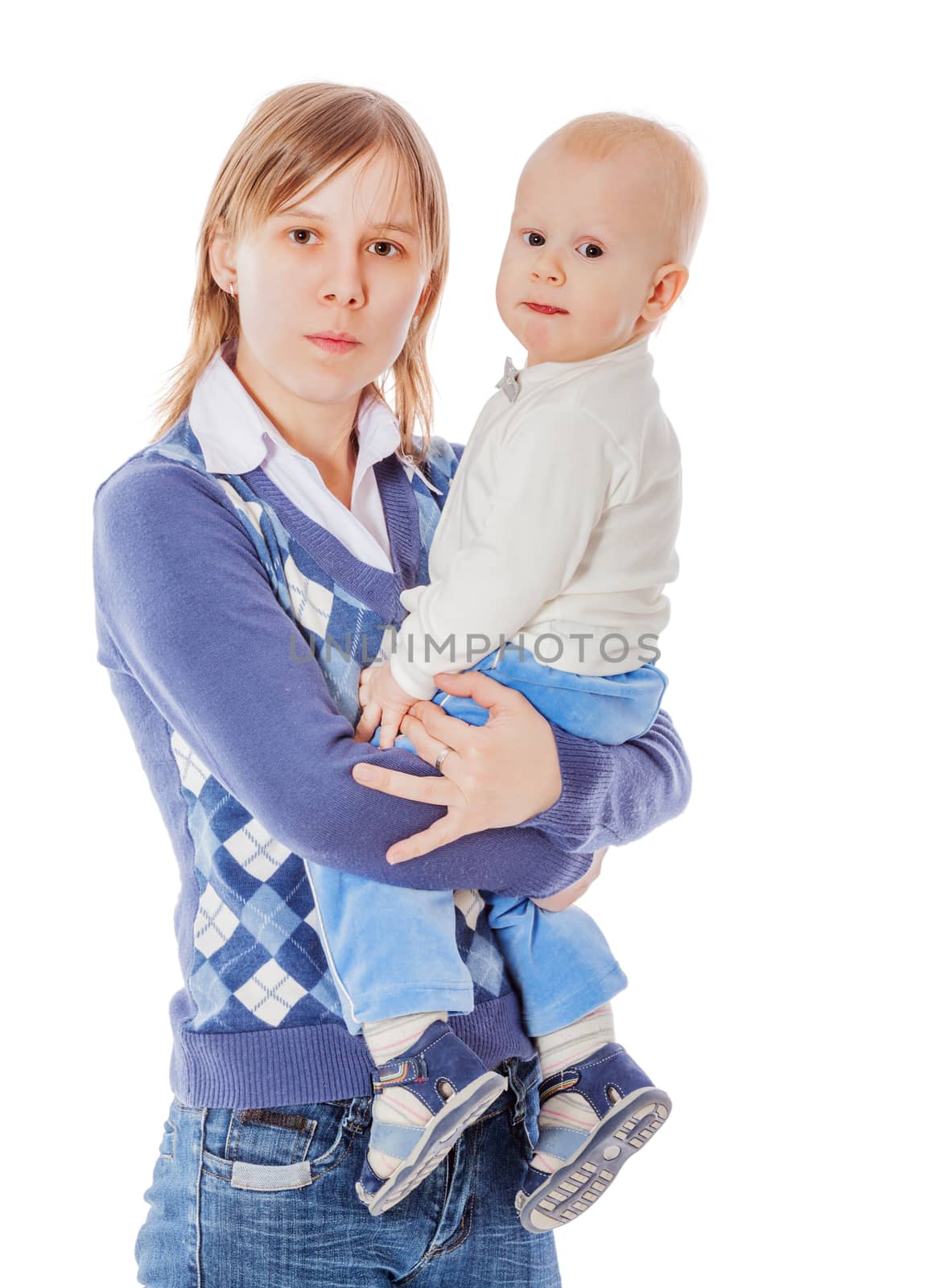 Mother with one year son together isolated on white