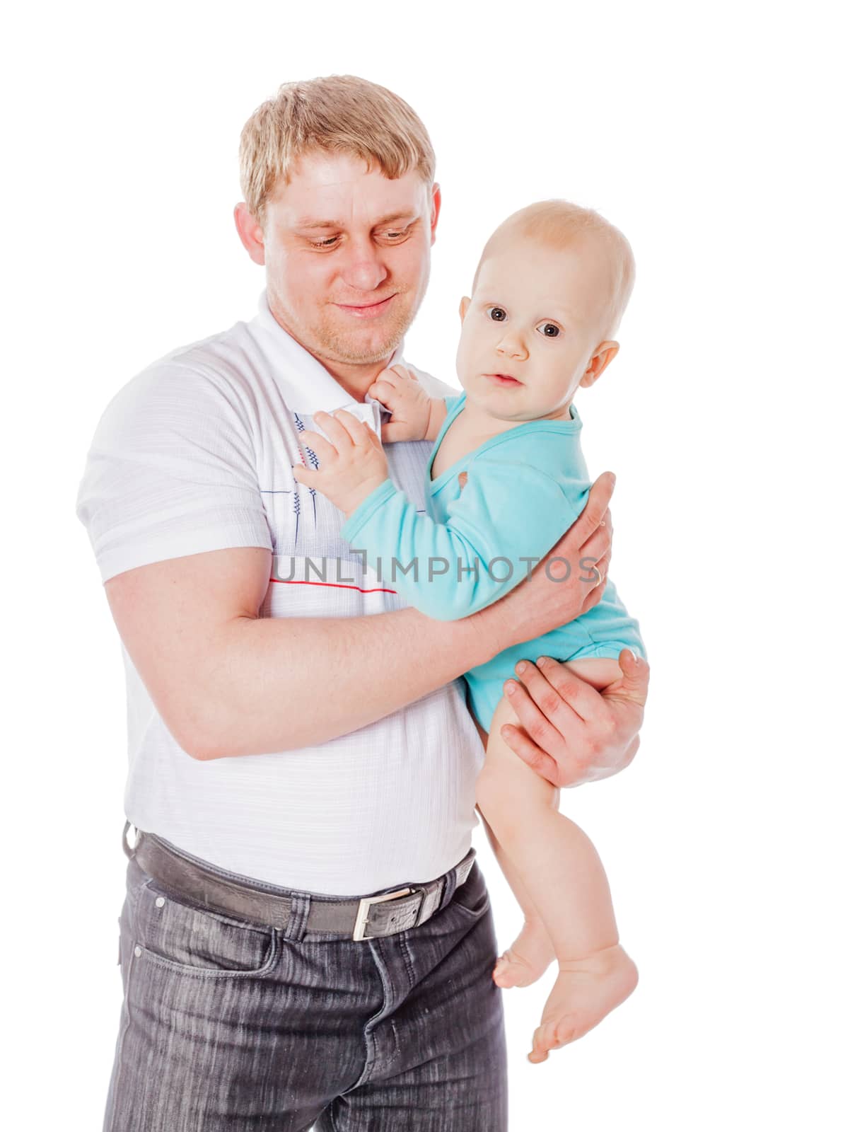 Happy Father holding son isolated on white