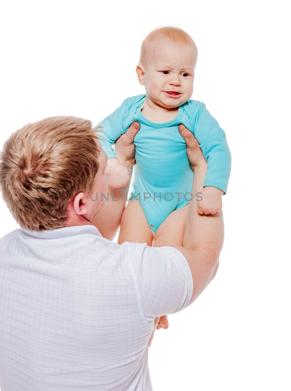 Happy Father holding son isolated on white