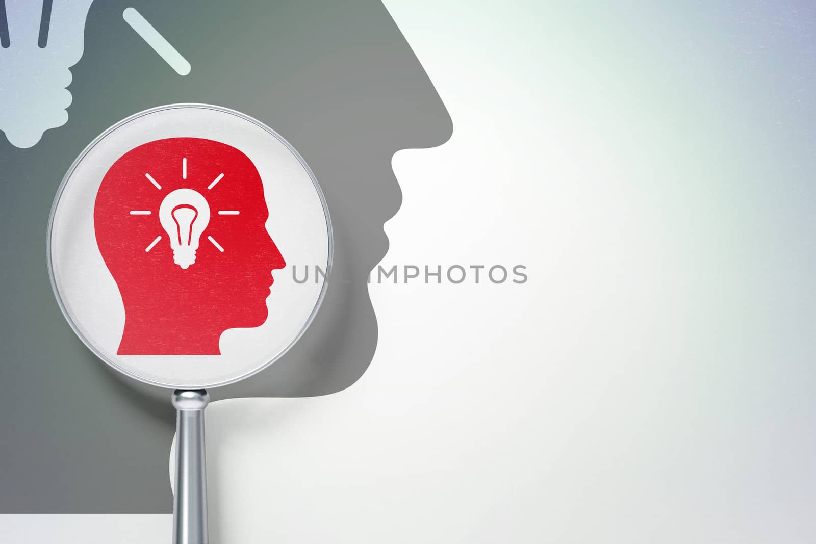 Data concept: magnifying optical glass with Head With Light Bulb icon on digital background, empty copyspace for card, text, advertising, 3D rendering