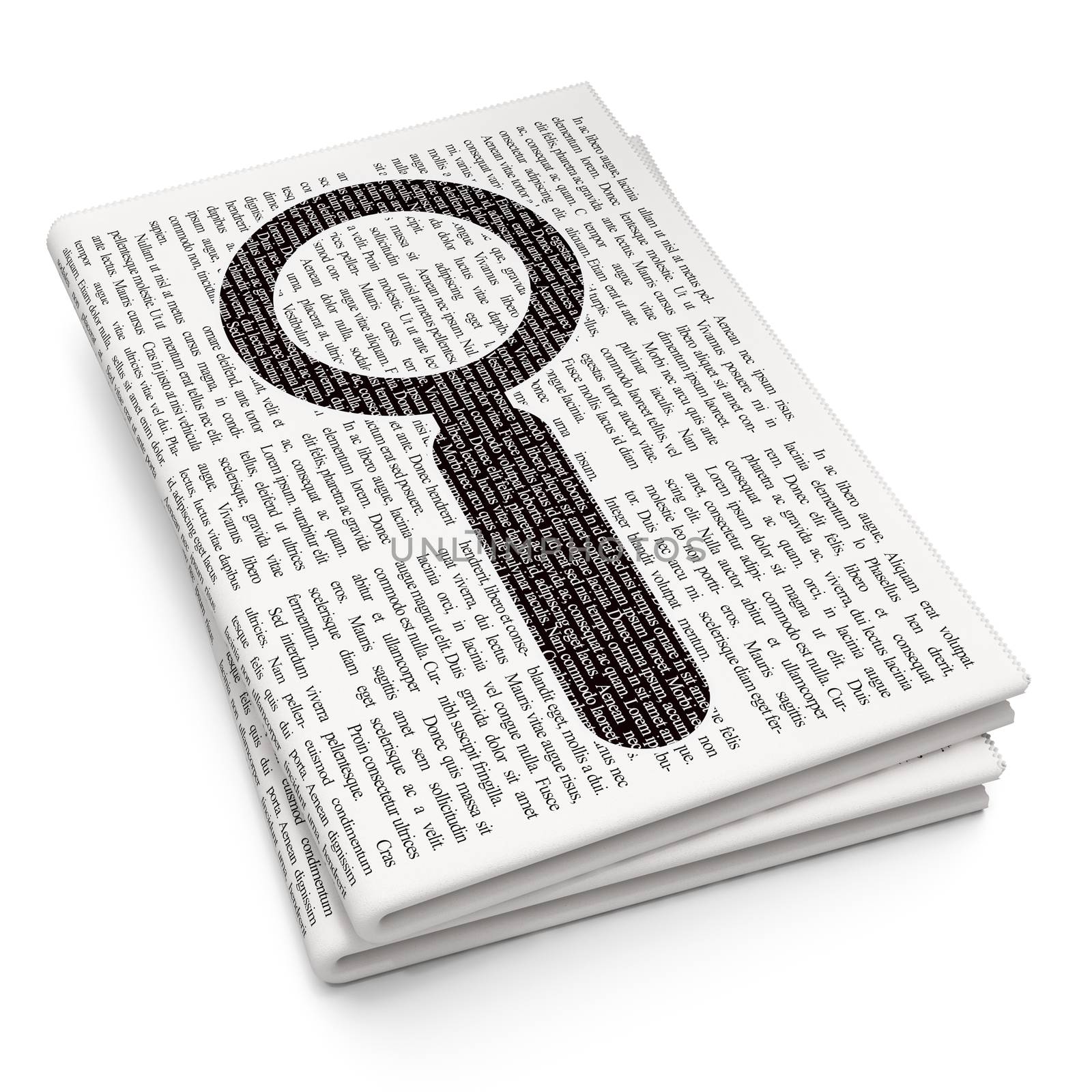 Data concept: Pixelated black Search icon on Newspaper background, 3D rendering