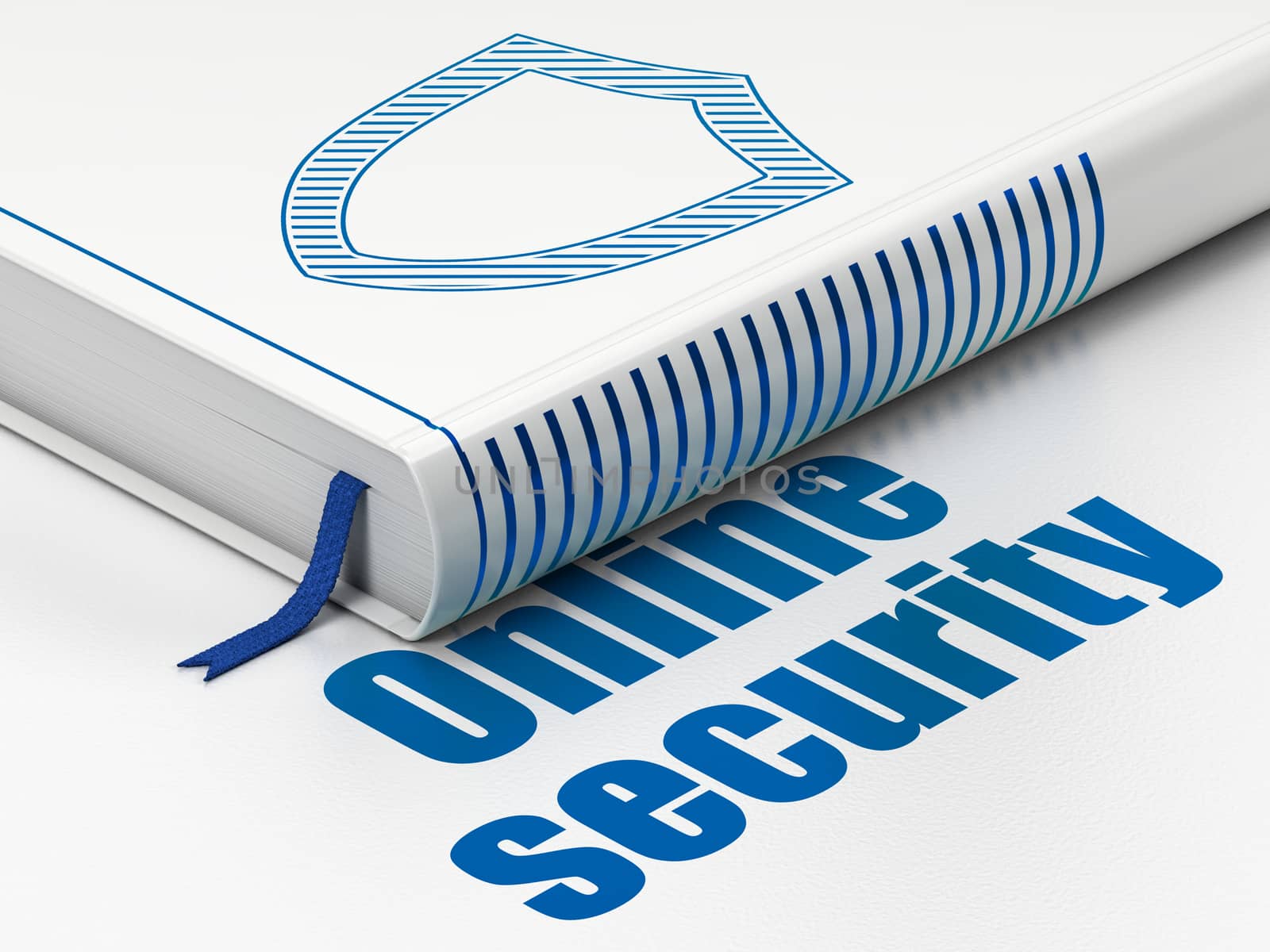 Security concept: closed book with Blue Contoured Shield icon and text Online Security on floor, white background, 3D rendering