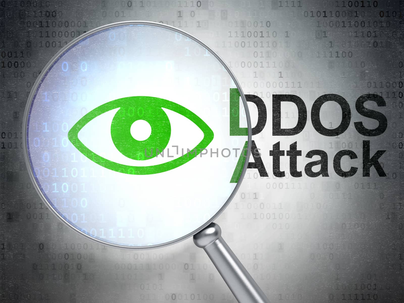 Protection concept: magnifying optical glass with Eye icon and DDOS Attack word on digital background, 3D rendering