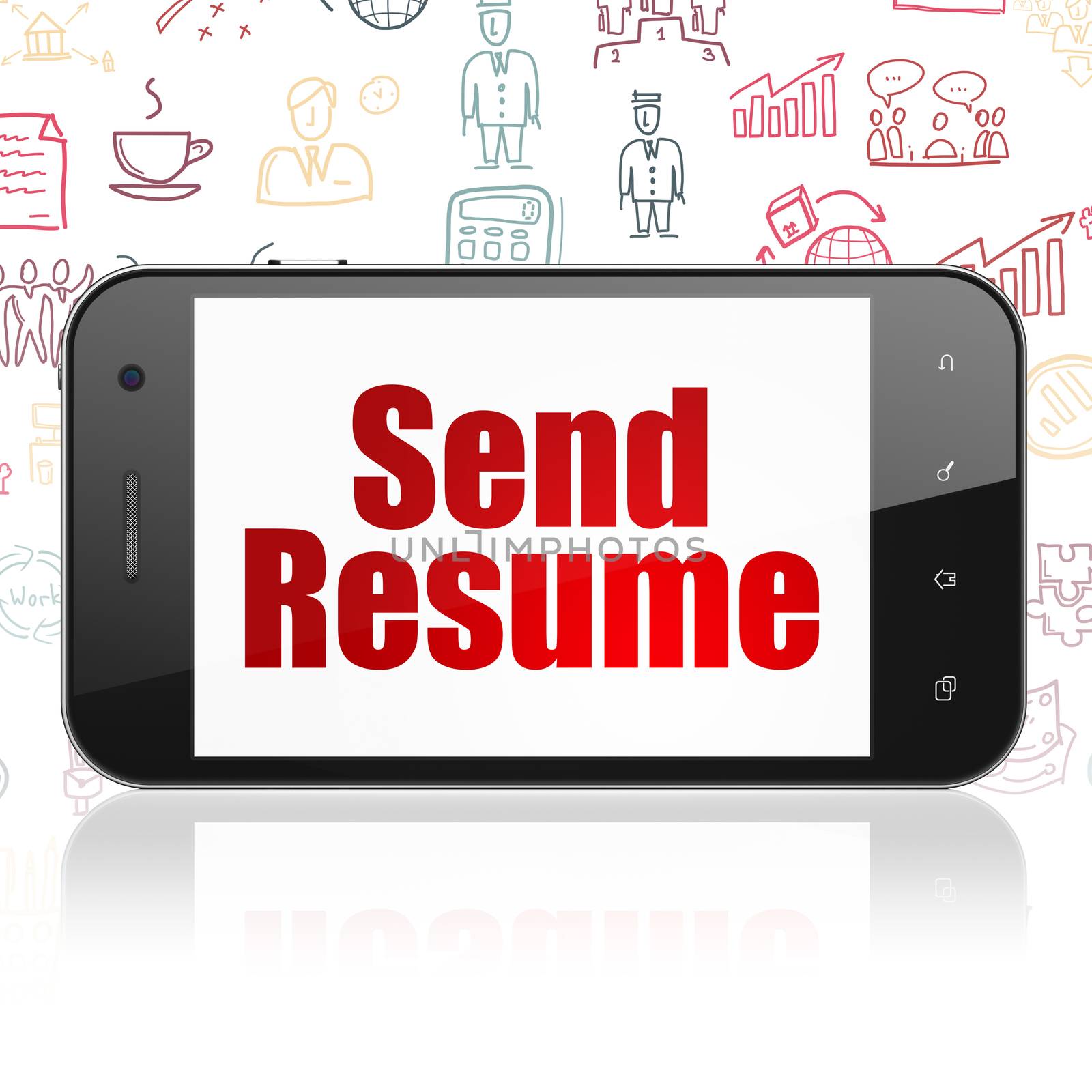 Business concept: Smartphone with  red text Send Resume on display,  Hand Drawn Business Icons background, 3D rendering