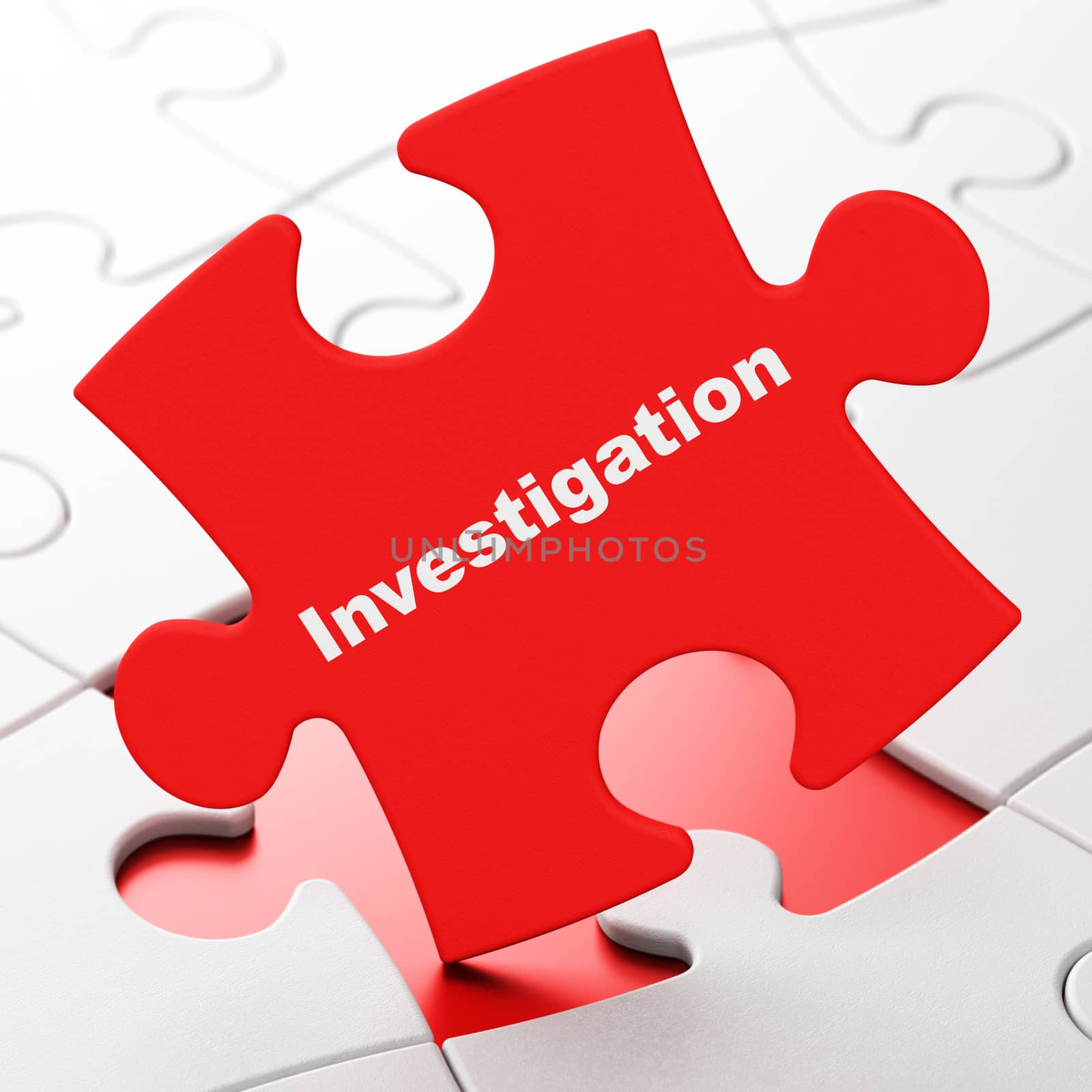 Science concept: Investigation on Red puzzle pieces background, 3D rendering