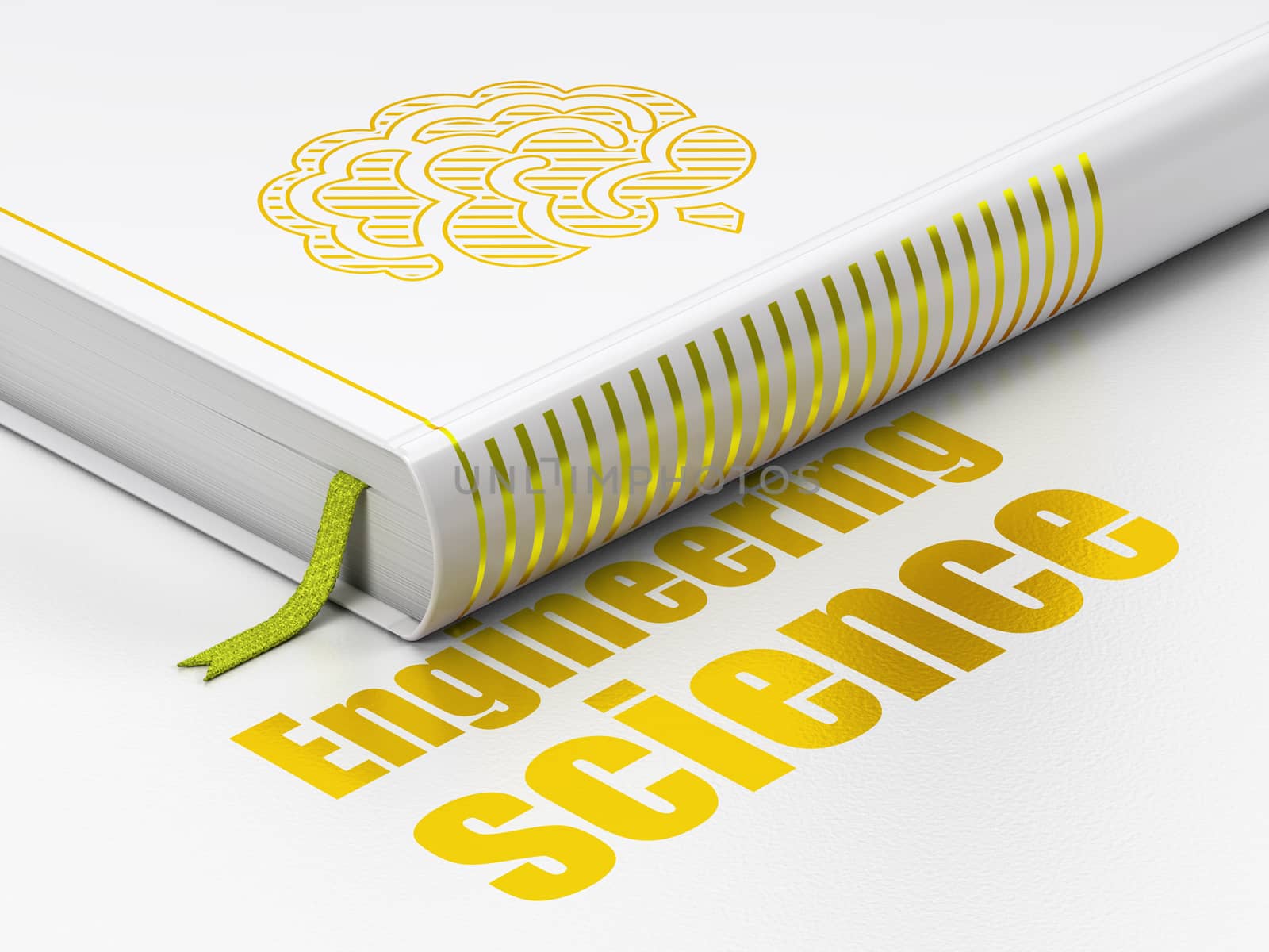 Science concept: closed book with Gold Brain icon and text Engineering Science on floor, white background, 3D rendering