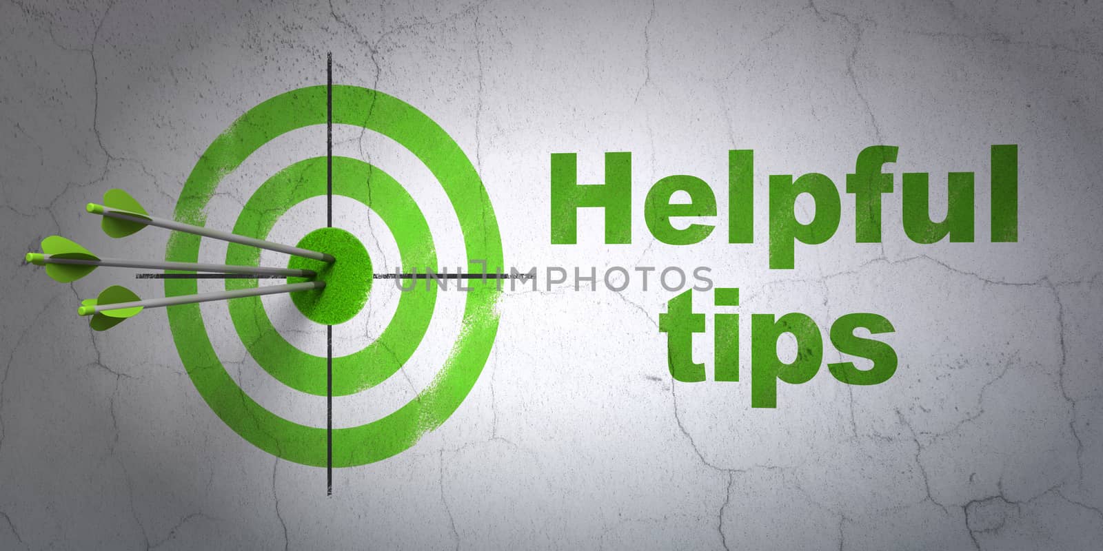 Success Learning concept: arrows hitting the center of target, Green Helpful Tips on wall background, 3D rendering