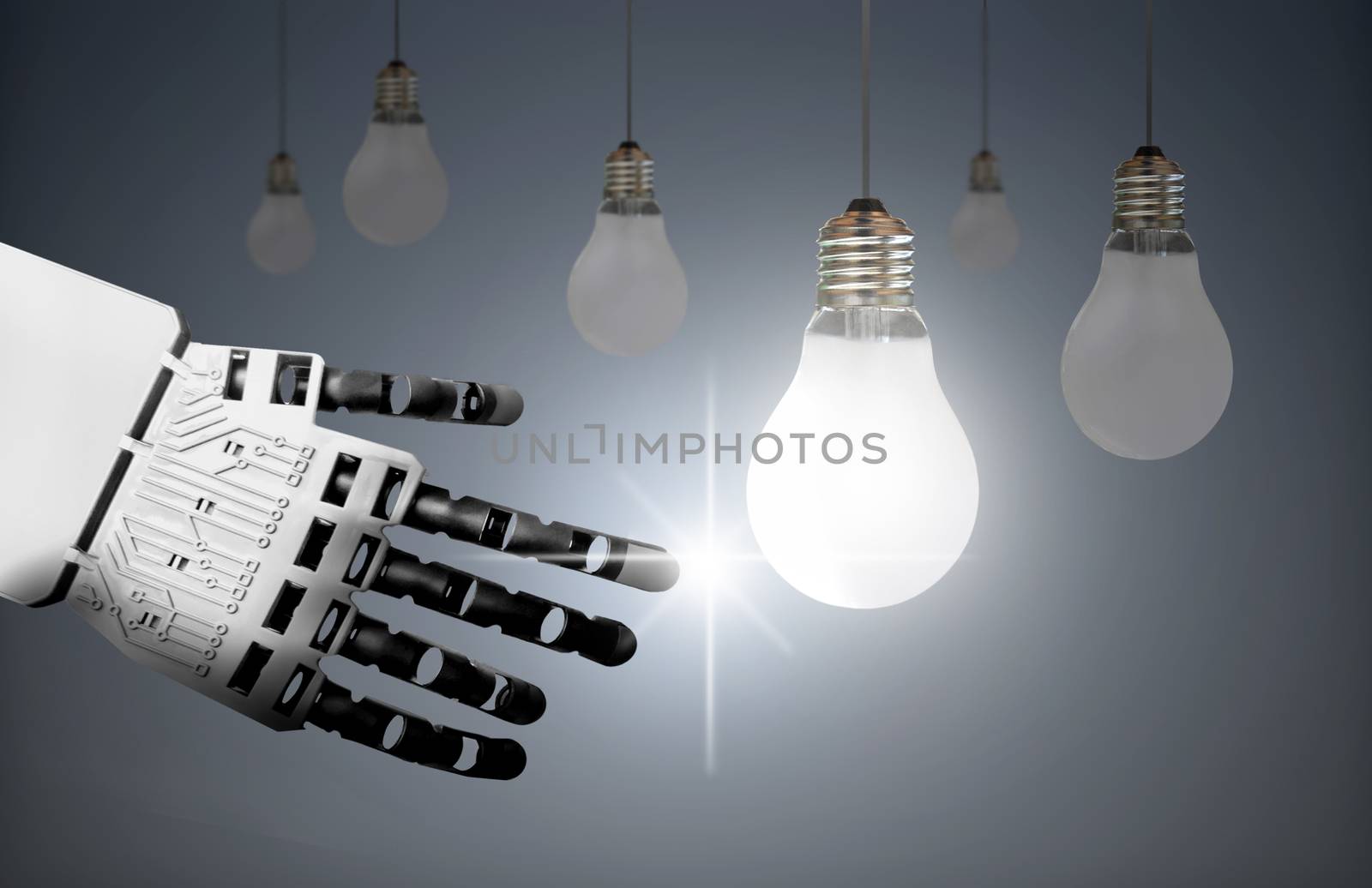 Robots hand touching a lit bulb creating a spark