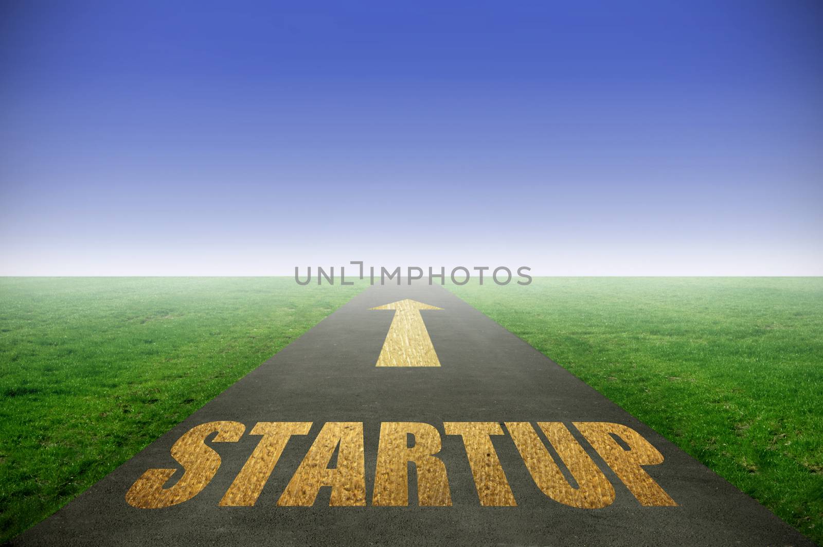 Startup gold printed on road leading towards horizon