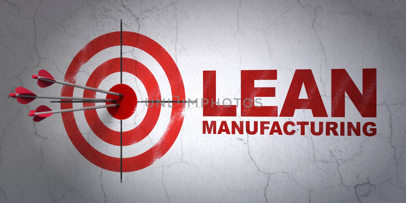 Success Industry concept: arrows hitting the center of target, Red Lean Manufacturing on wall background, 3D rendering