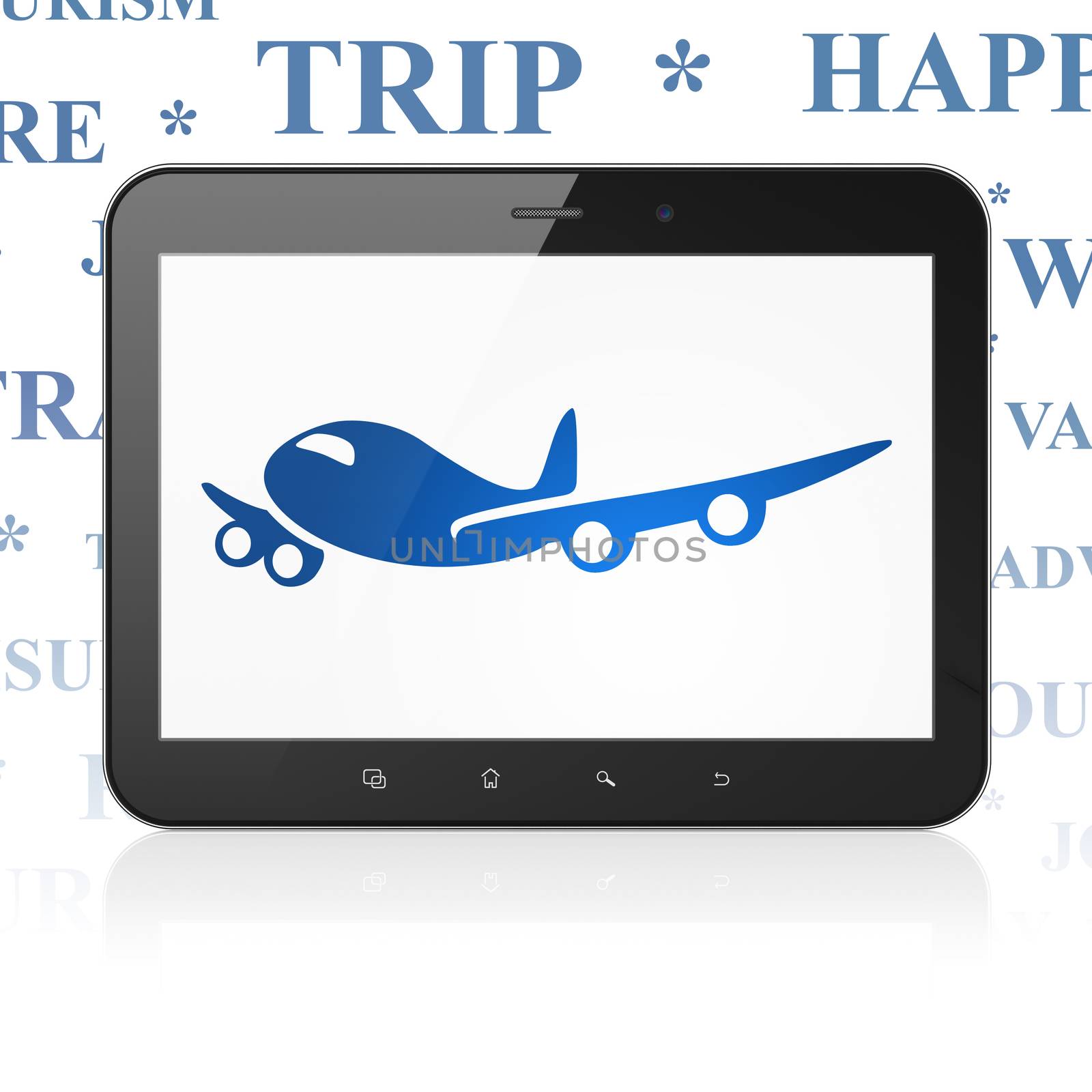 Travel concept: Tablet Computer with  blue Airplane icon on display,  Tag Cloud background, 3D rendering