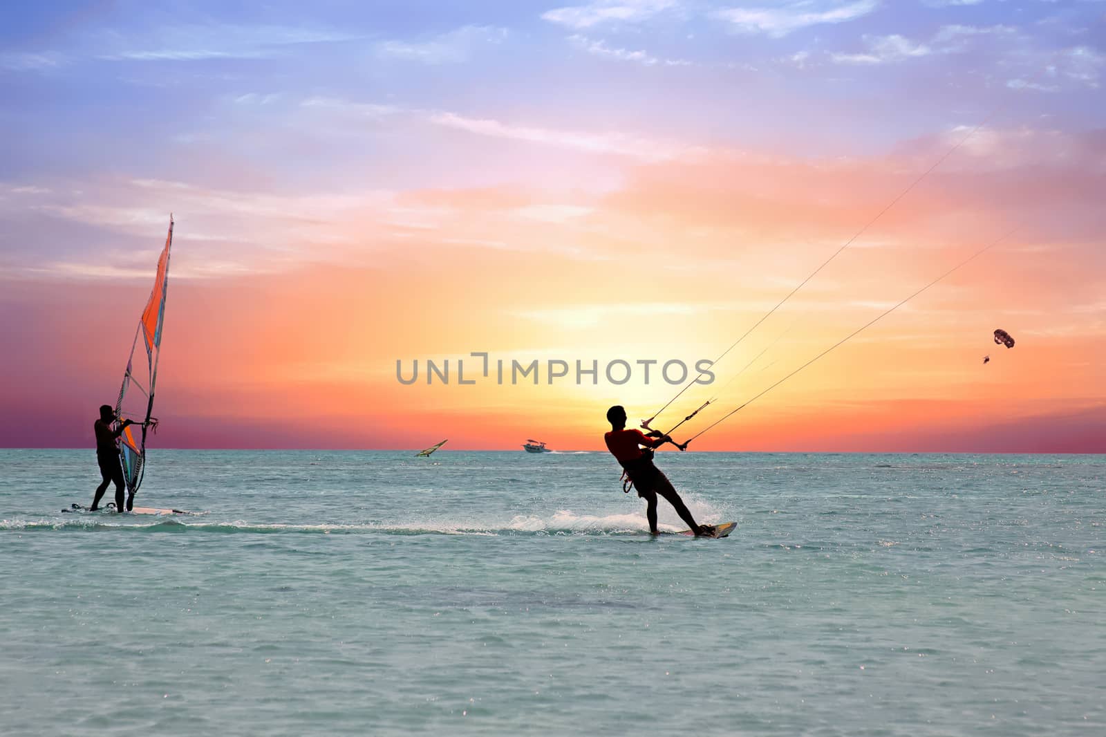Watersport on theCaribbean Sea at Aruba island at sunset