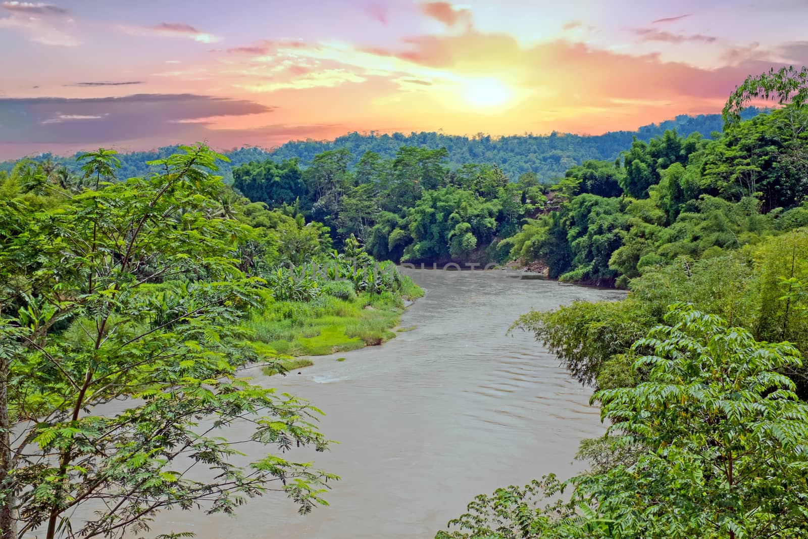 Kali Progo river on Java Indonesia at sunset